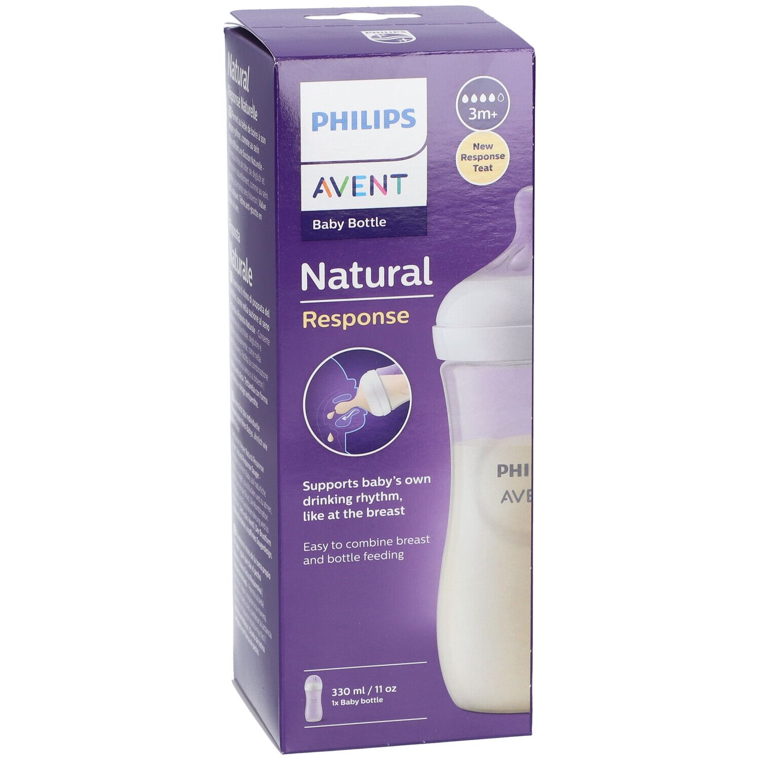 Confezione del biberon Philips Avent. Bottiglia con tettarella, riempita di liquido. Colori viola e bianco.
