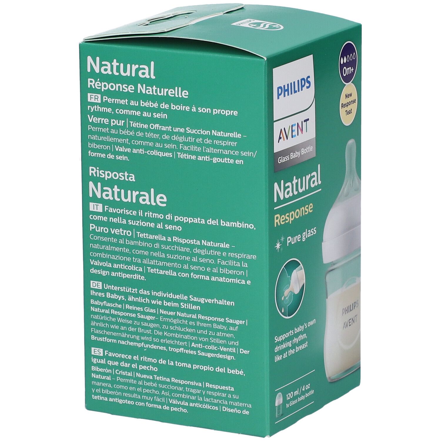 Retro della confezione del biberon in vetro PHILIPS Avent Natural Response. Testo multilingue, confezione verde.