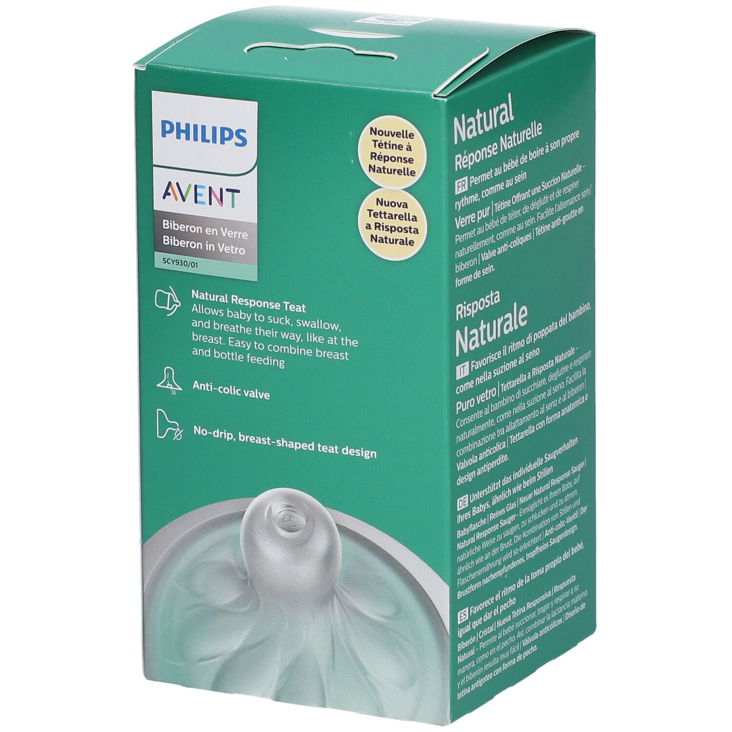 Confezione del biberon in vetro PHILIPS Avent Natural Response. Biberon con tettarella, confezione verde con informazioni.