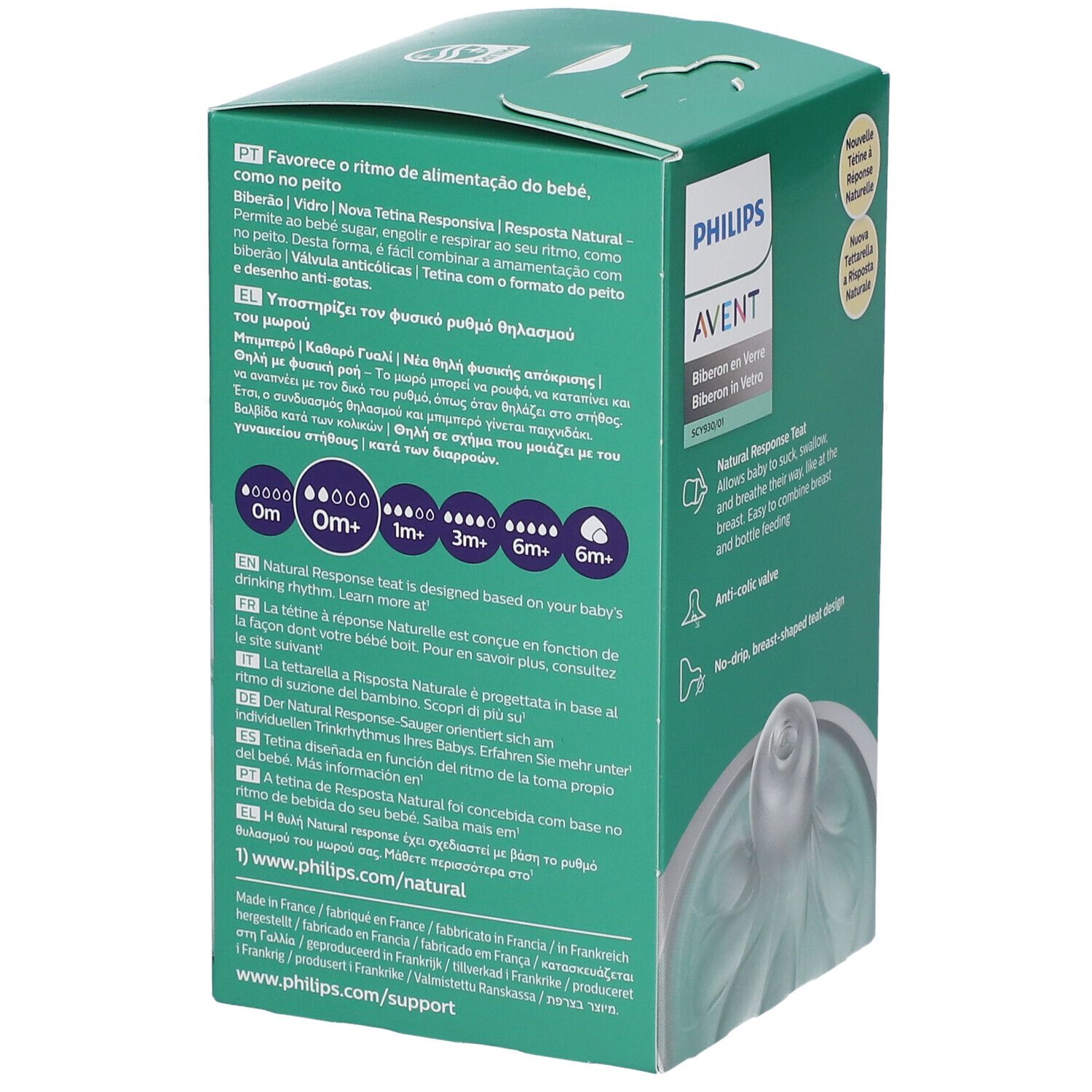 Confezione del biberon in vetro PHILIPS Avent Natural Response. Biberon con tettarella, confezione verde con informazioni.