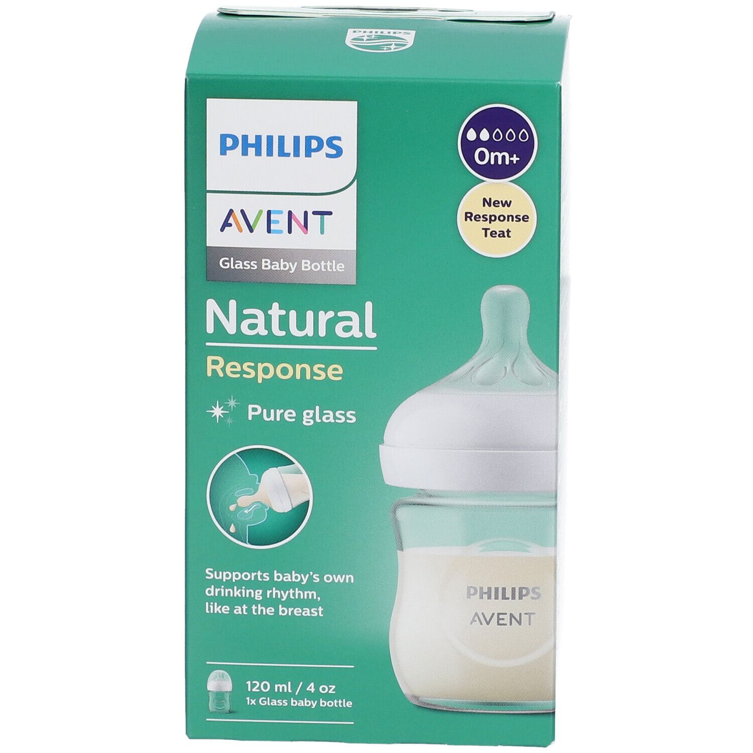 Confezione del biberon in vetro PHILIPS Avent Natural Response. Biberon con tettarella, confezione verde con informazioni.