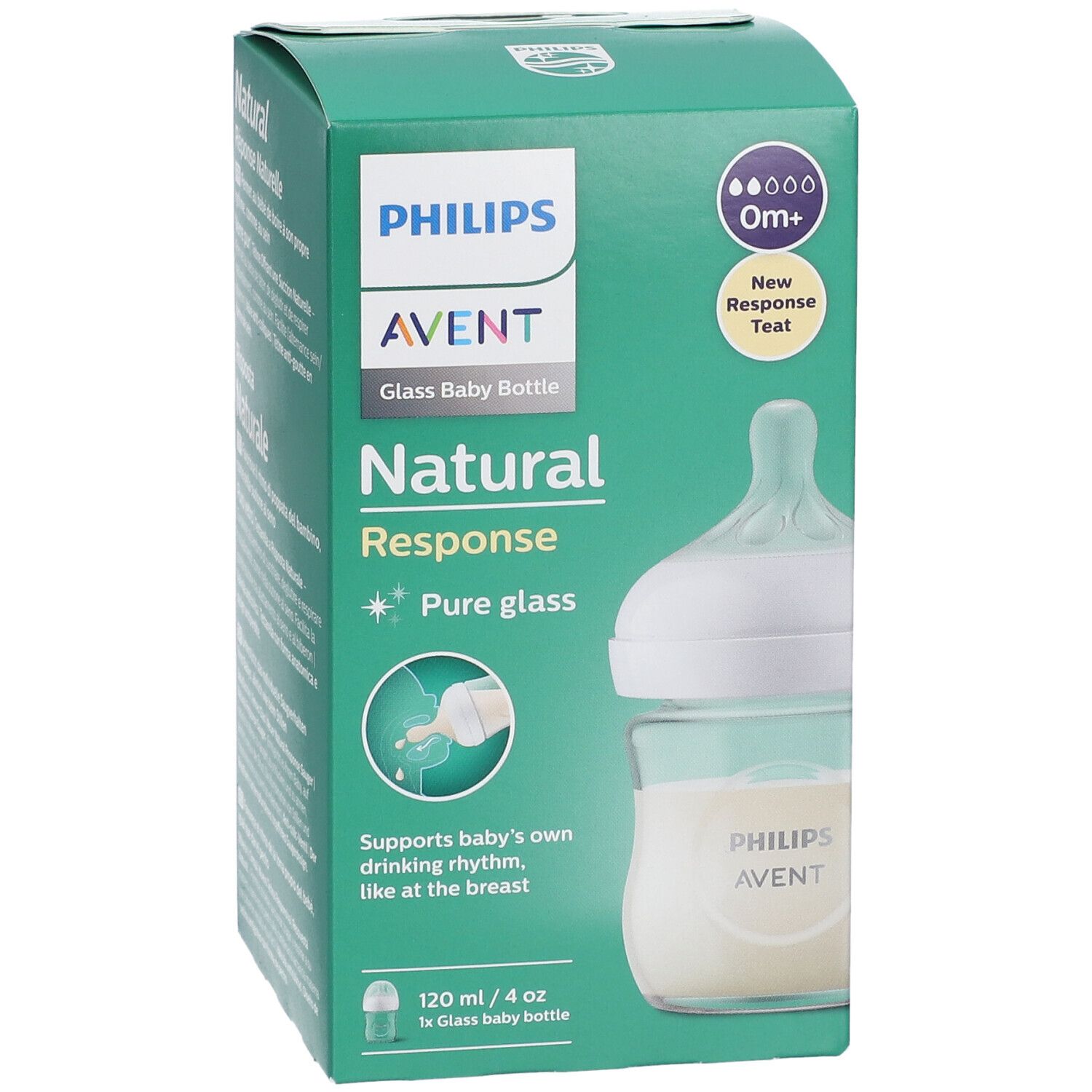 Confezione del biberon in vetro PHILIPS Avent Natural Response. Biberon con tettarella, confezione verde con informazioni.