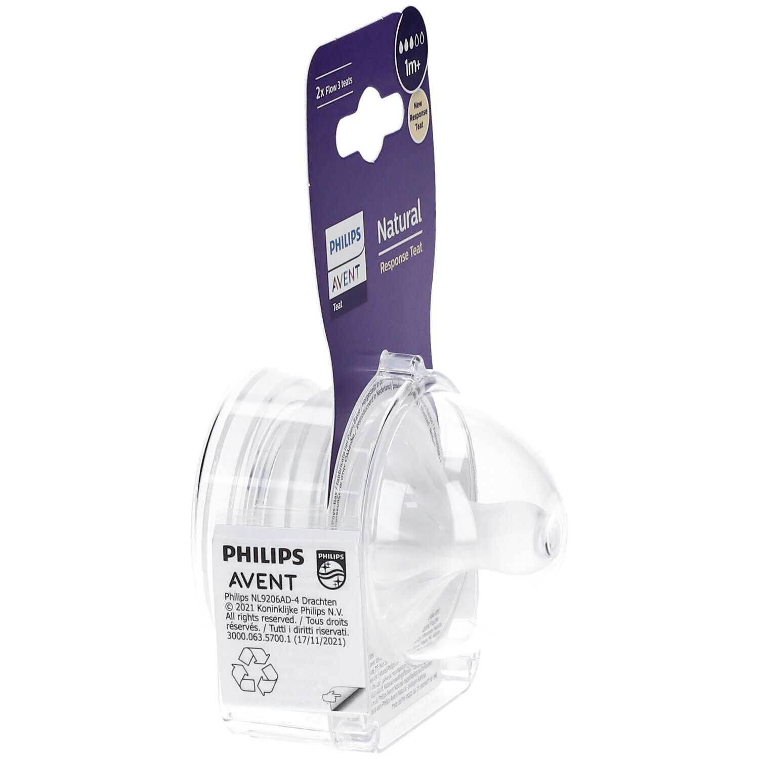 Confezione con due tettarelle trasparenti. Scritta: PHILIPS AVENT Natural Response Teat. Età: 1m+.