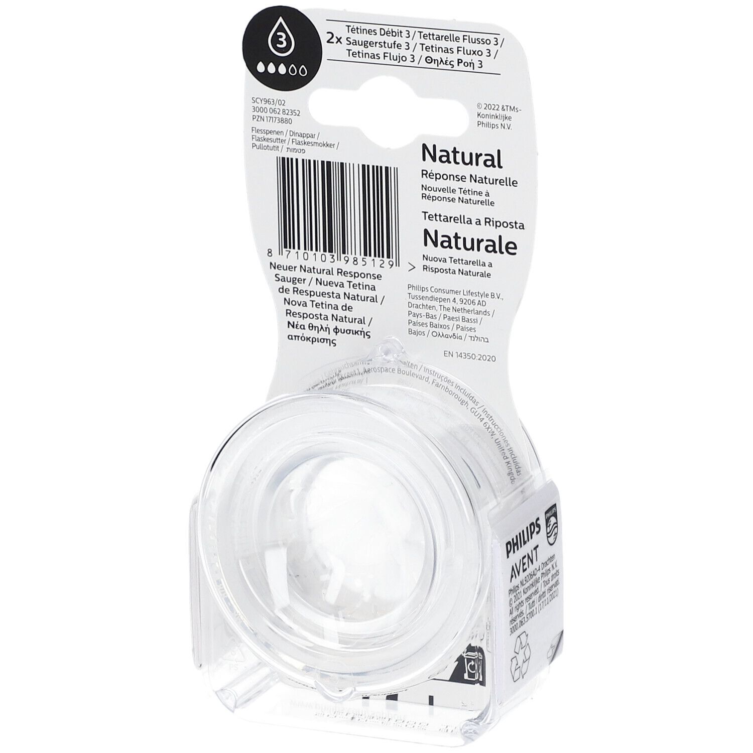 Confezione con due tettarelle trasparenti. Scritta: PHILIPS AVENT Natural Response Teat. Età: 1m+.