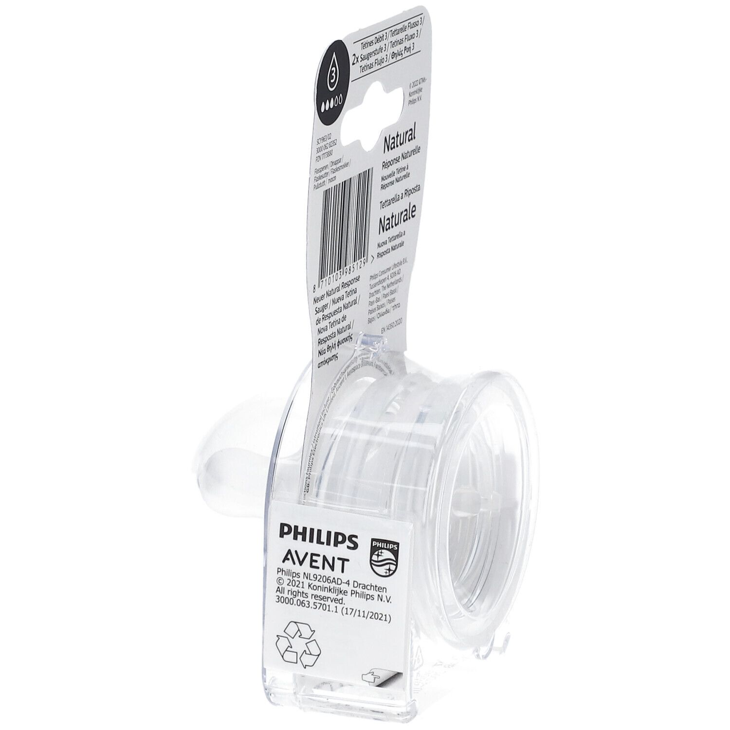 Confezione con due tettarelle trasparenti. Scritta: PHILIPS AVENT Natural Response Teat. Età: 1m+.