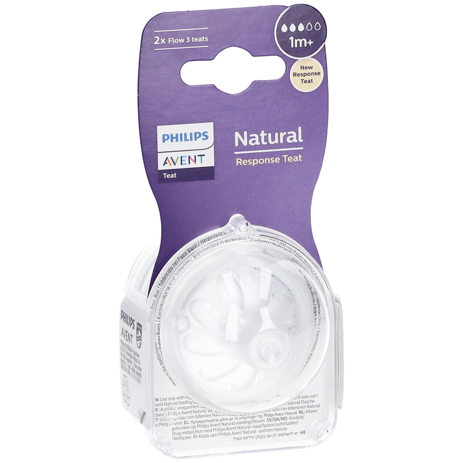 Confezione con due tettarelle trasparenti. Scritta: PHILIPS AVENT Natural Response Teat. Età: 1m+.