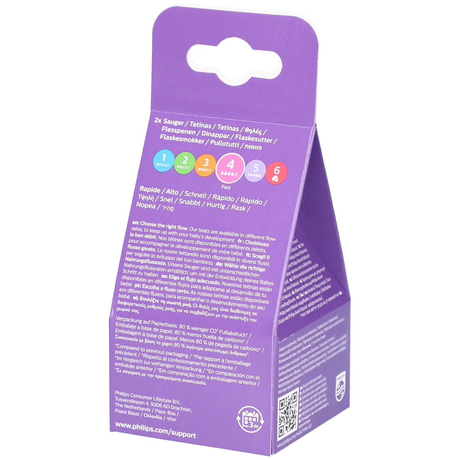 Confezione tettarelle Philips Avent. Flusso 4. Per bambini 3m+. Scritte multilingue.