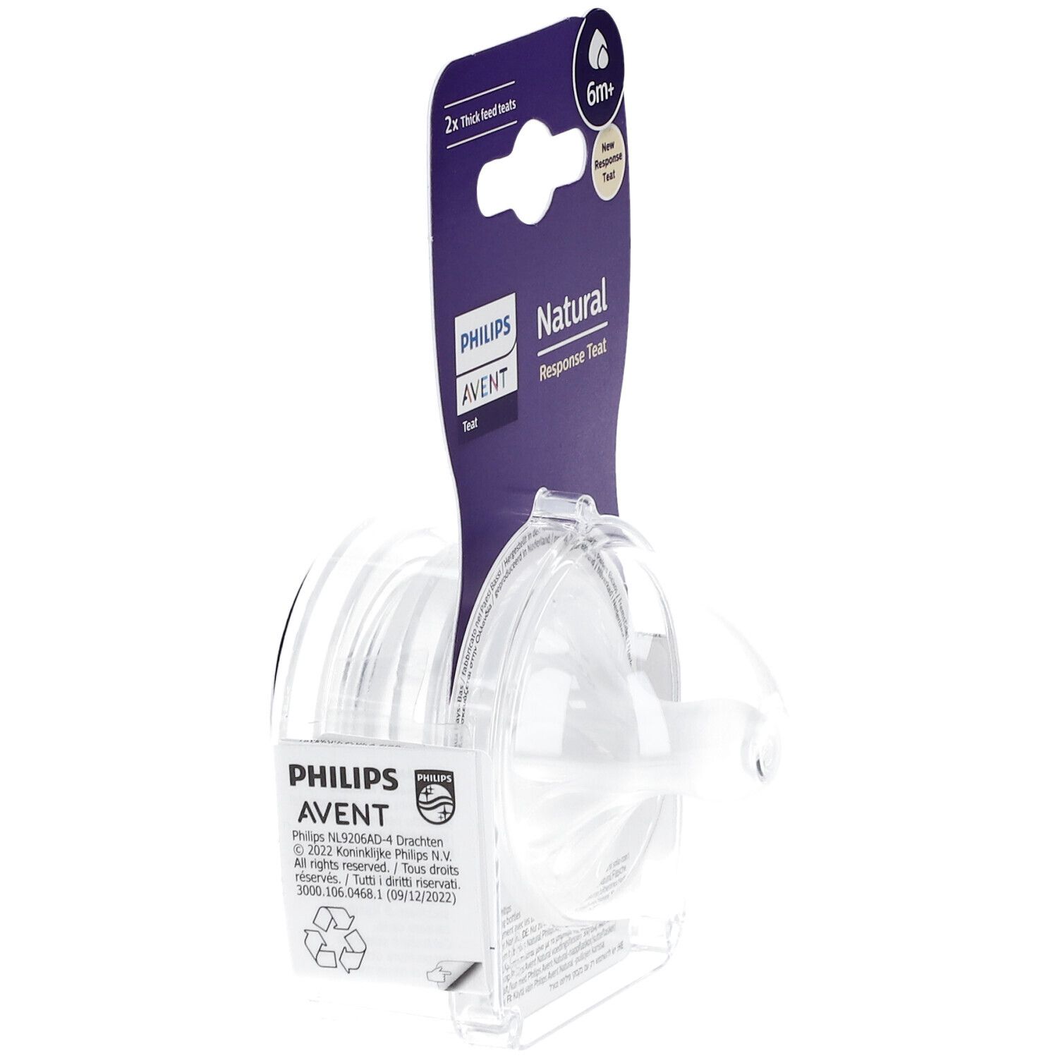 Confezione con due tettarelle trasparenti. Sulla confezione: "PHILIPS AVENT Natural Response Teat" e "6m+".