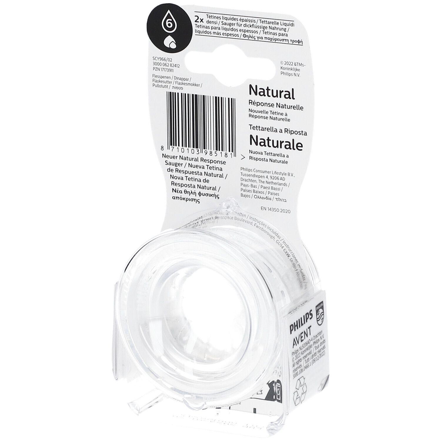 Confezione con due tettarelle trasparenti. Sulla confezione: "PHILIPS AVENT Natural Response Teat" e "6m+".