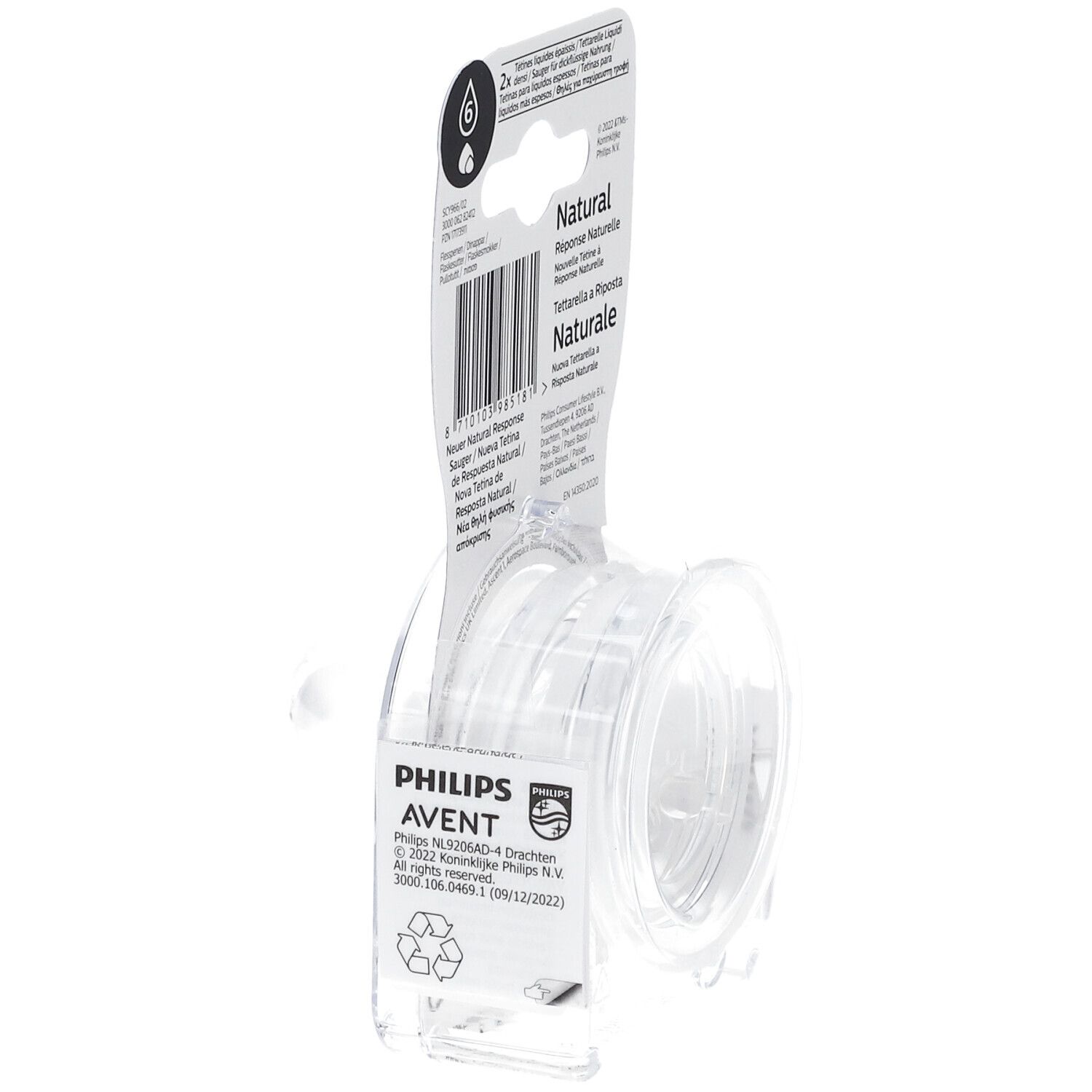 Confezione con due tettarelle trasparenti. Sulla confezione: "PHILIPS AVENT Natural Response Teat" e "6m+".