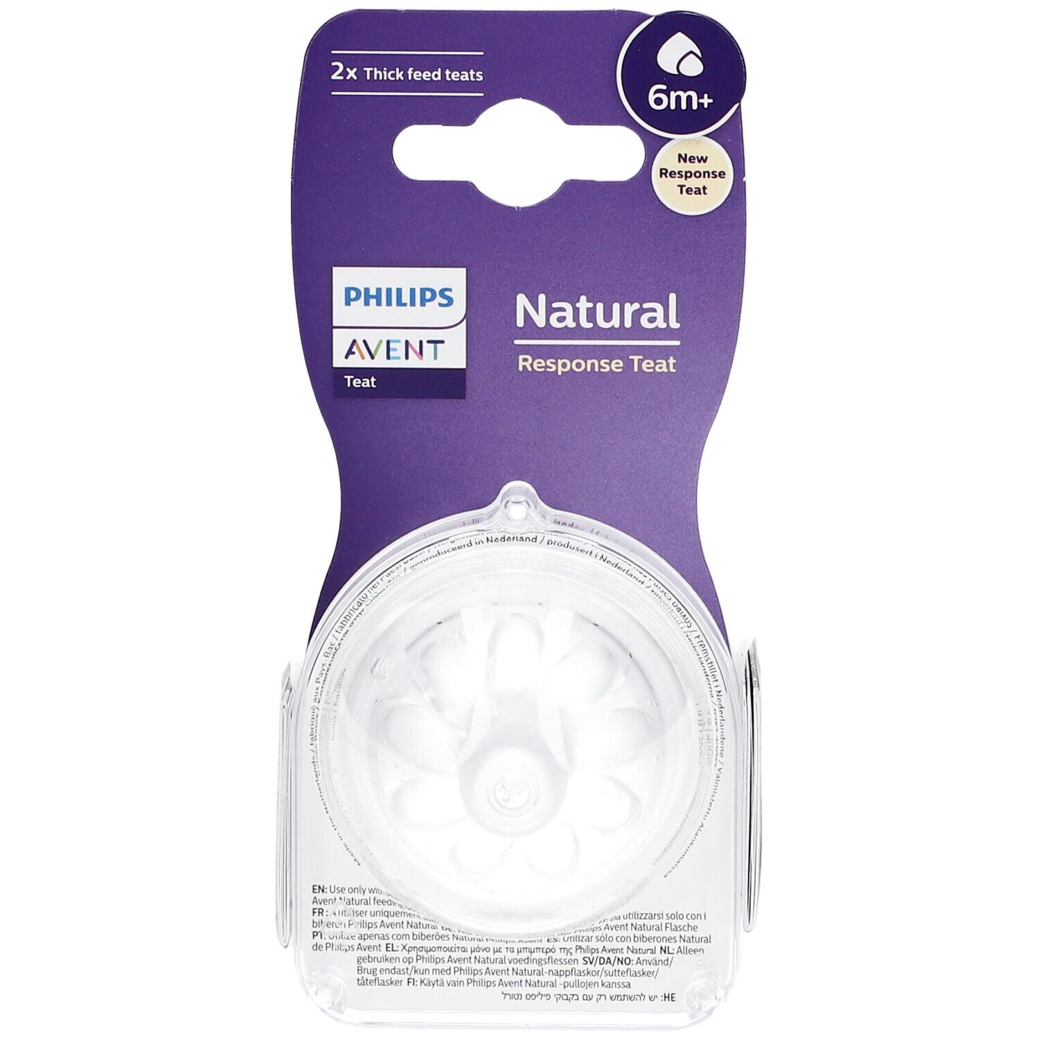 Confezione con due tettarelle trasparenti. Sulla confezione: "PHILIPS AVENT Natural Response Teat" e "6m+".
