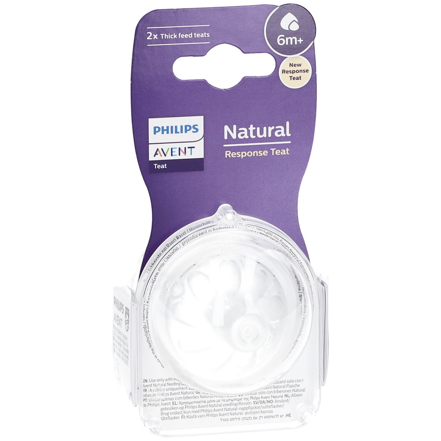 Confezione con due tettarelle trasparenti. Sulla confezione: "PHILIPS AVENT Natural Response Teat" e "6m+".