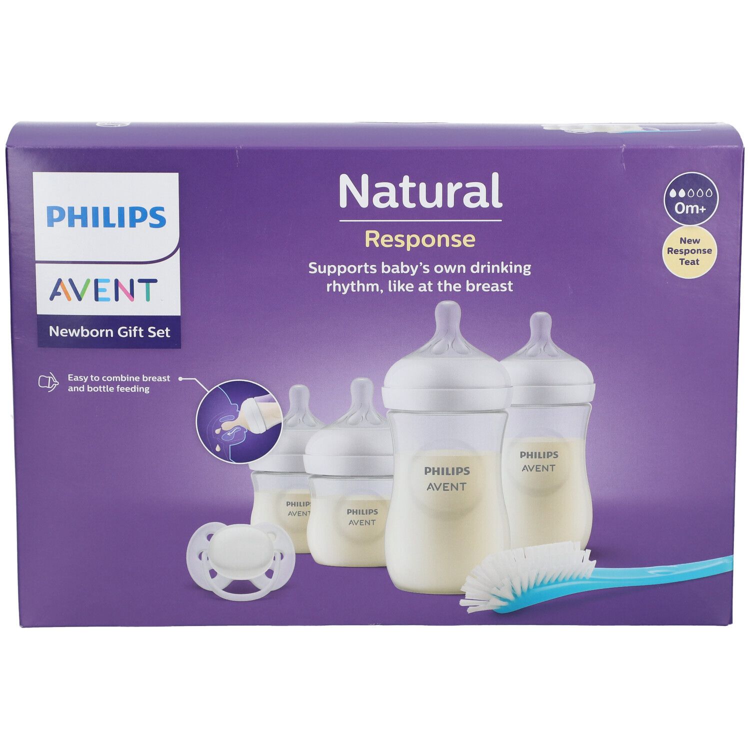 Set regalo Philips Avent Natural Response. Biberon, ciuccio, spazzola. Confezione viola.