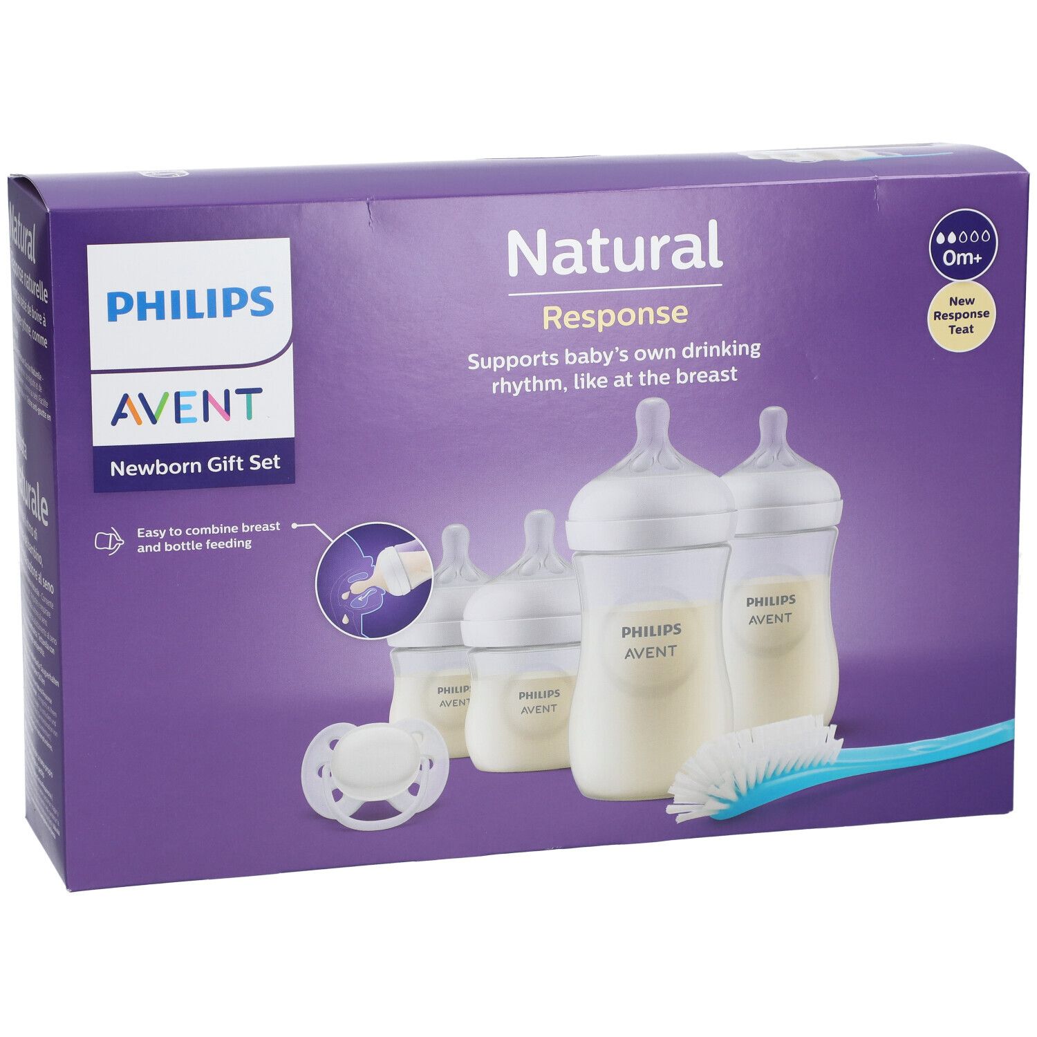 Set regalo Philips Avent Natural Response. Biberon, ciuccio, spazzola. Confezione viola.
