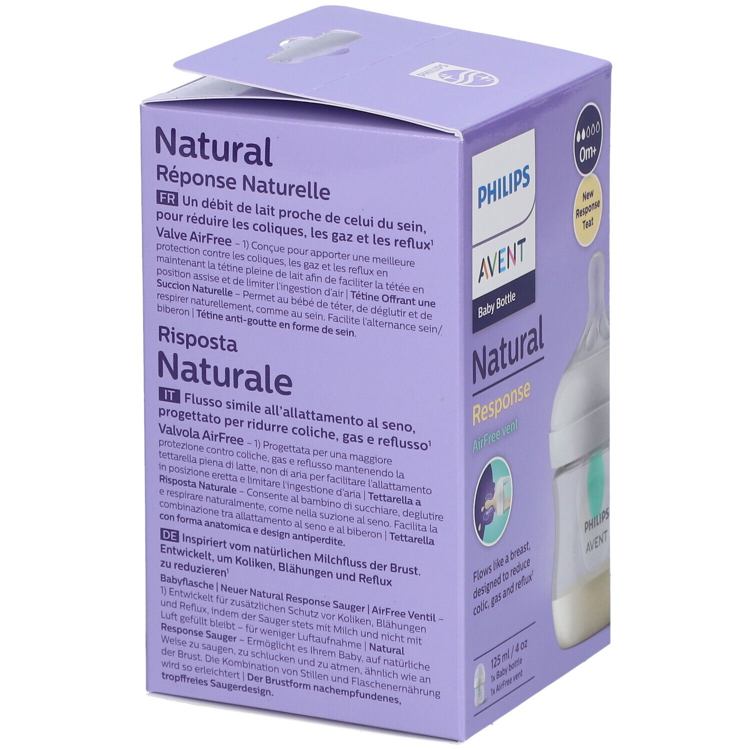 Retro della confezione del biberon Philips Avent. Testo in più lingue. Bottiglia con valvola AirFree e tettarella Natural Response.