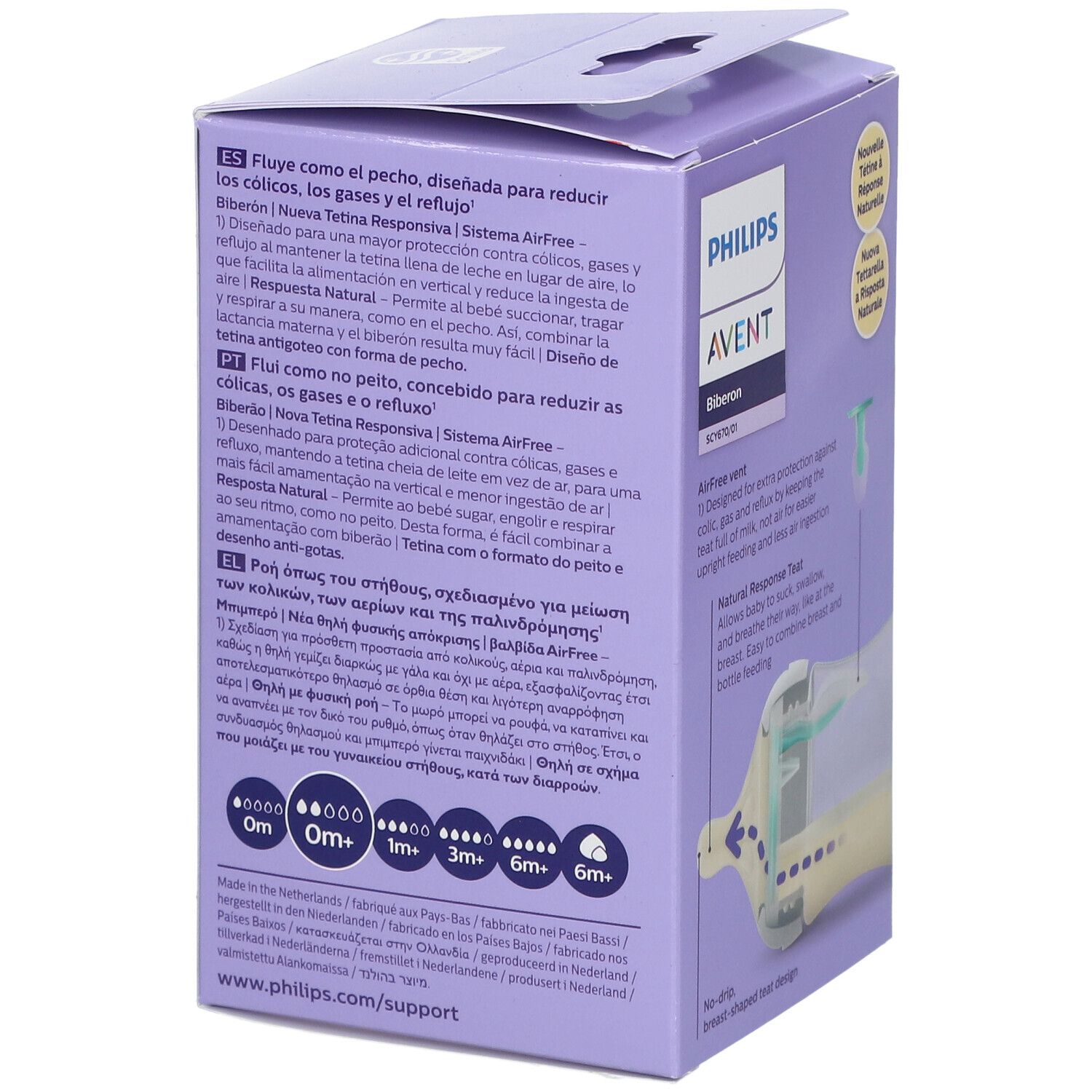 Confezione del biberon Philips Avent aperta. Testo in più lingue. Bottiglia con valvola AirFree e tettarella Natural Response.