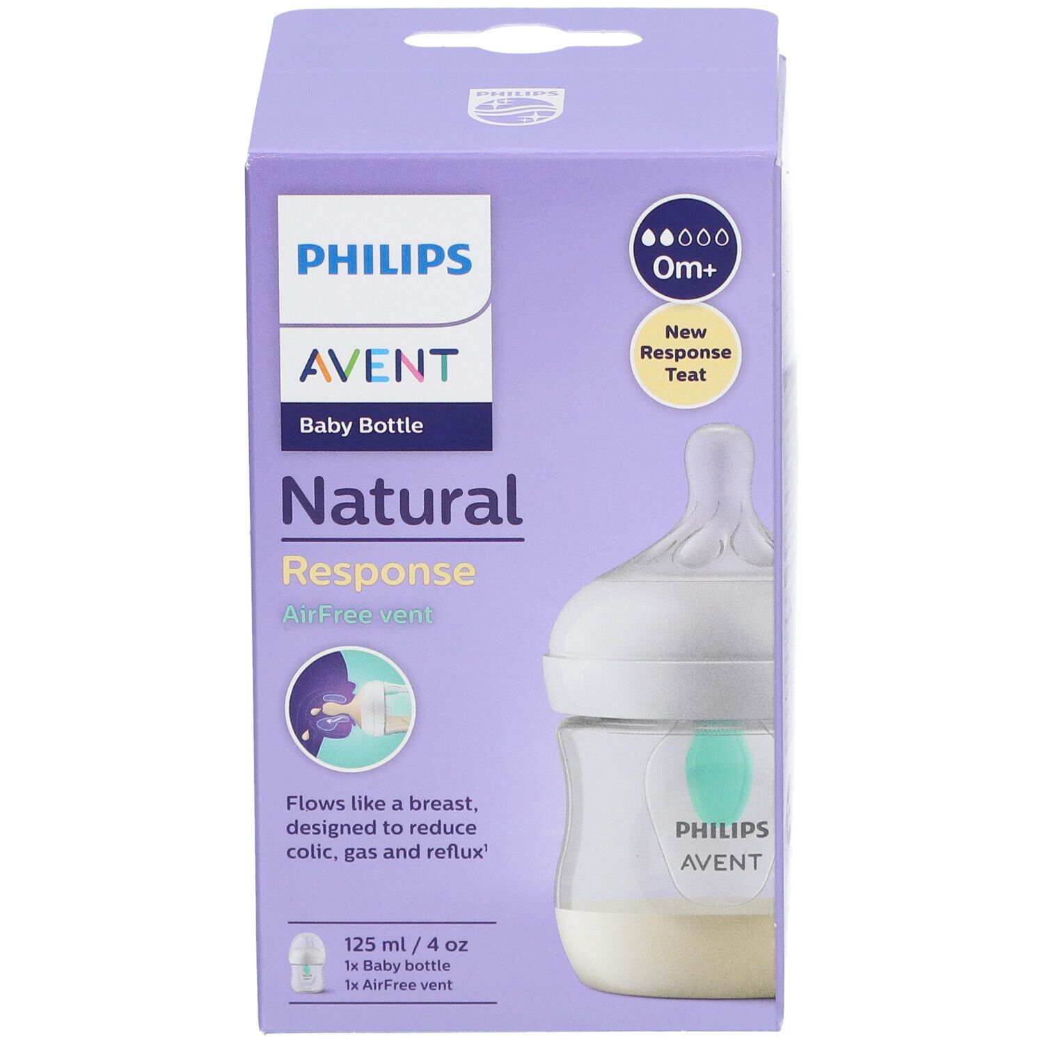 Confezione del biberon Philips Avent. Bottiglia con valvola AirFree e tettarella Natural Response. Confezione viola con informazioni sul prodotto.