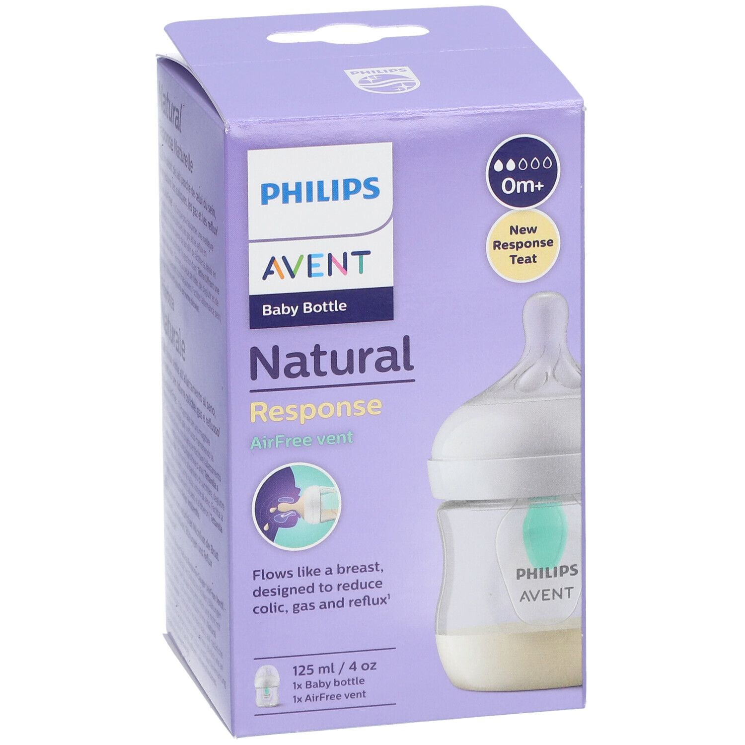 Confezione del biberon Philips Avent. Bottiglia con valvola AirFree e tettarella Natural Response. Confezione viola con informazioni sul prodotto.