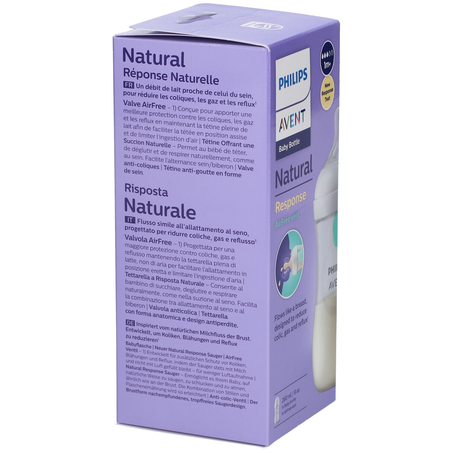 Retro della confezione del biberon PHILIPS AVENT Natural Response. Testo multilingue, illustrazione del prodotto.