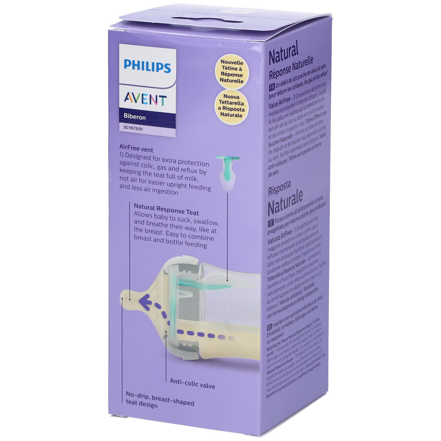 Confezione del biberon PHILIPS AVENT Natural Response. Sezione della bottiglia, caratteristiche del prodotto, testo.