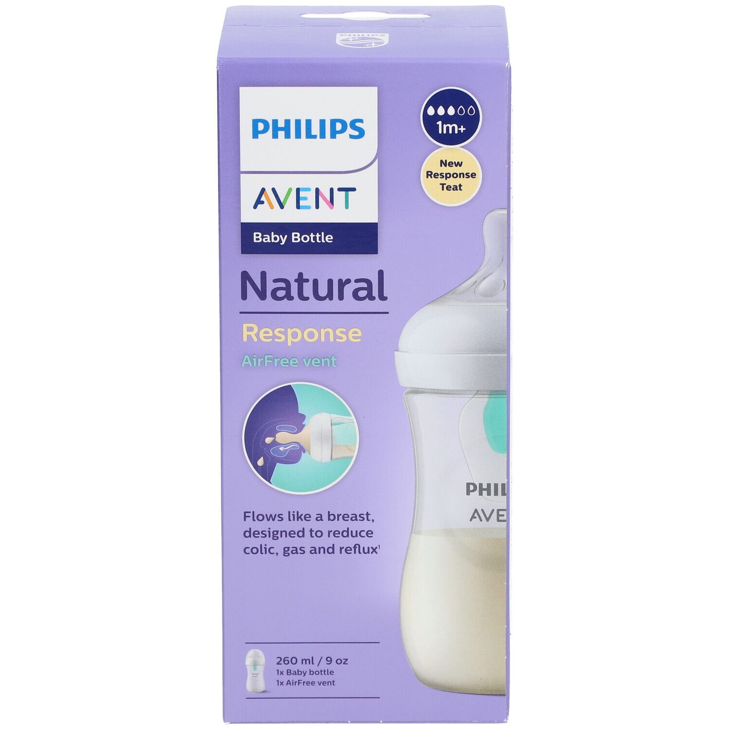 Biberon PHILIPS AVENT Natural Response nella confezione. Scatola viola, bottiglia con latte, informazioni.