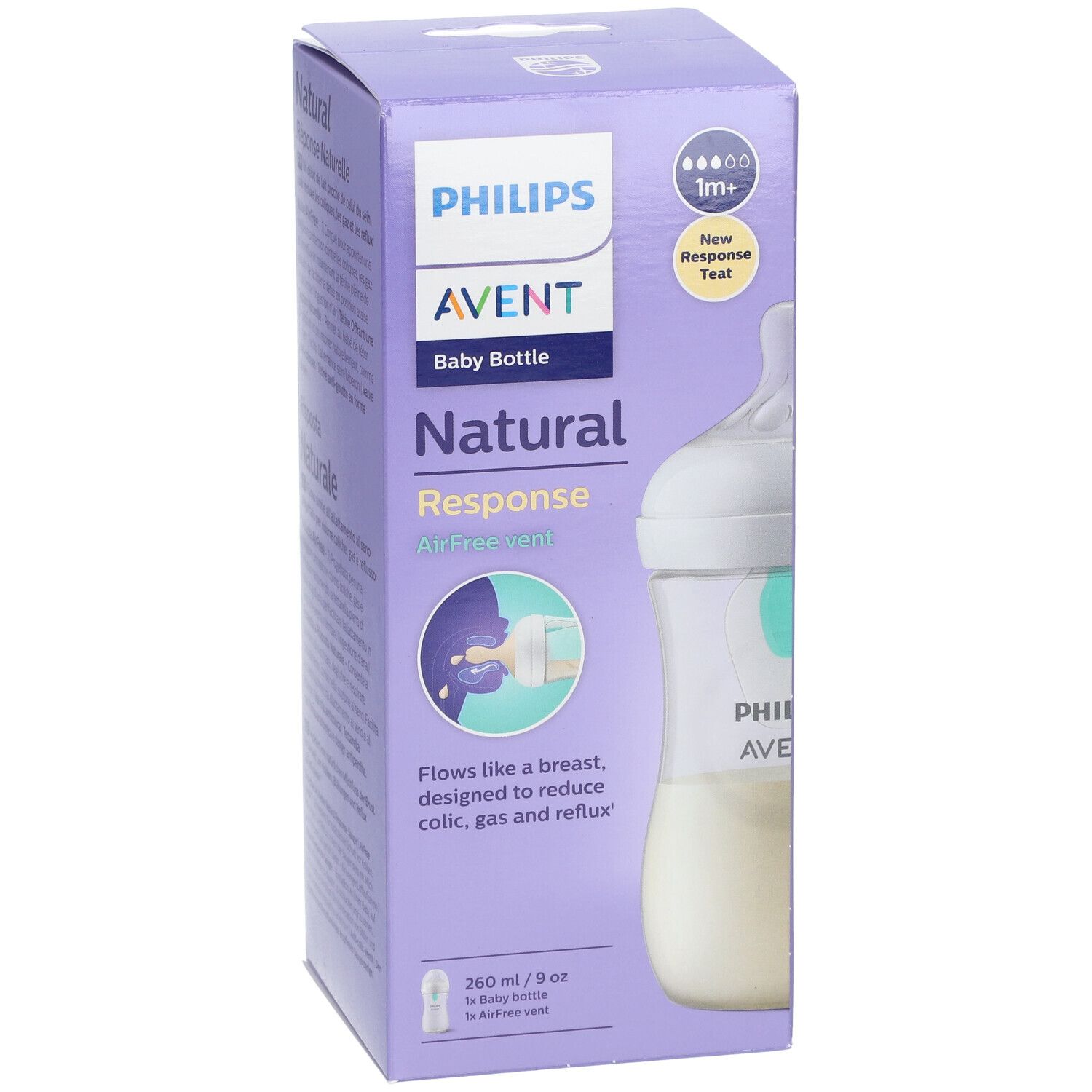 Biberon PHILIPS AVENT Natural Response nella confezione. Scatola viola, bottiglia con latte, informazioni.
