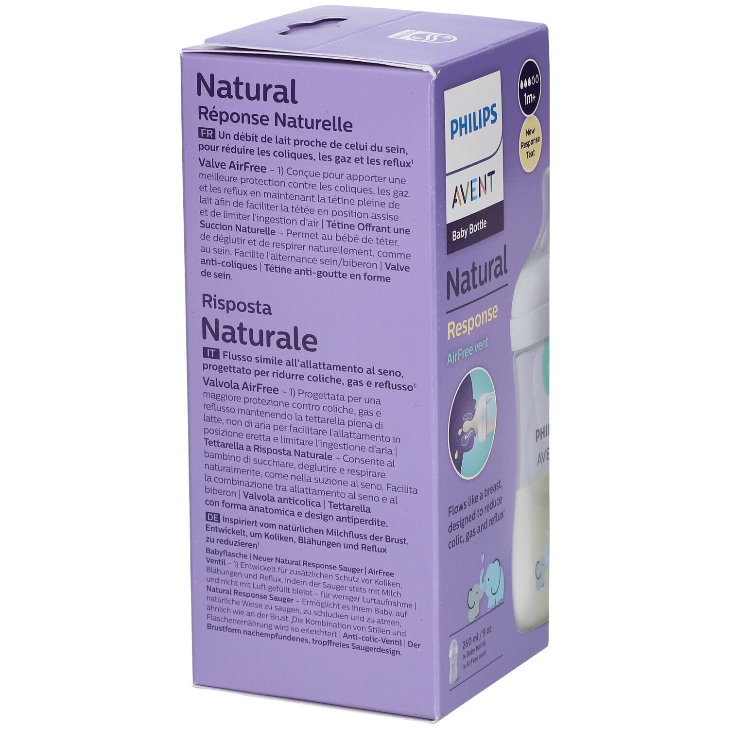 Confezione PHILIPS Avent. Testo Natural Response. Descrizioni in tedesco, francese, italiano, olandese.