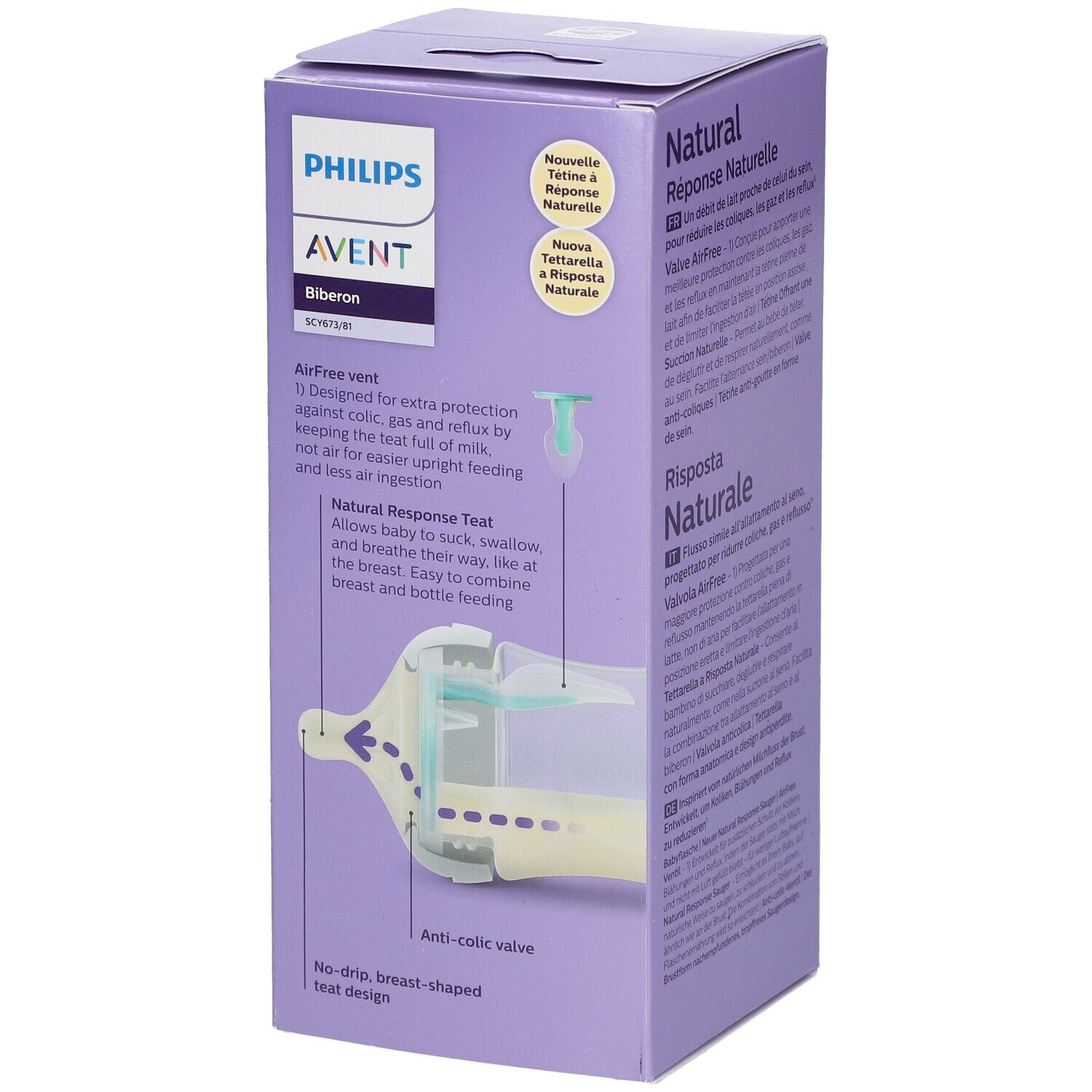 Confezione PHILIPS Avent. Sezione del collo del biberon con valvola AirFree. Testo: Natural Response, valvola anti-colica.