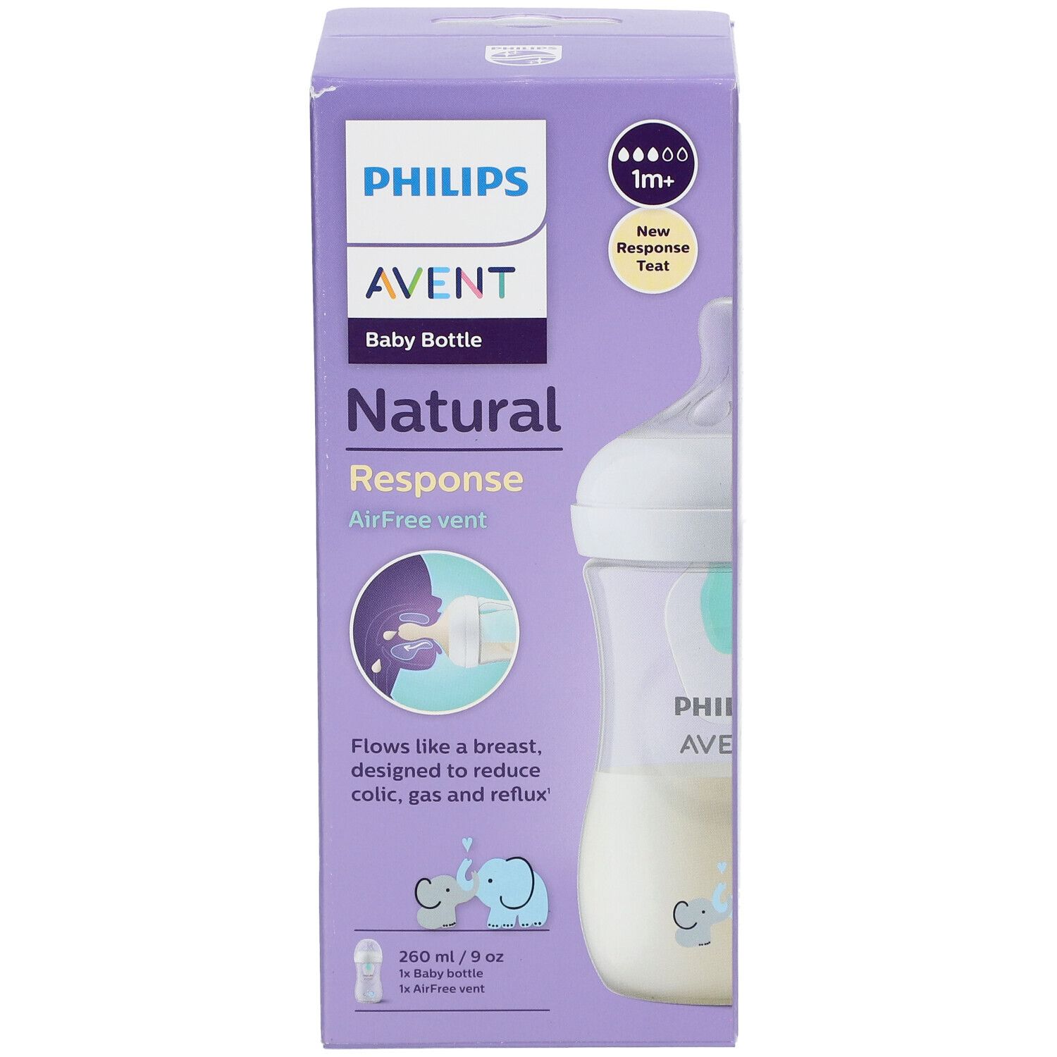 PHILIPS Avent Baby Bottle, 260 ml. Biberon con valvola AirFree. Scritte: Natural, Response, 1m+.