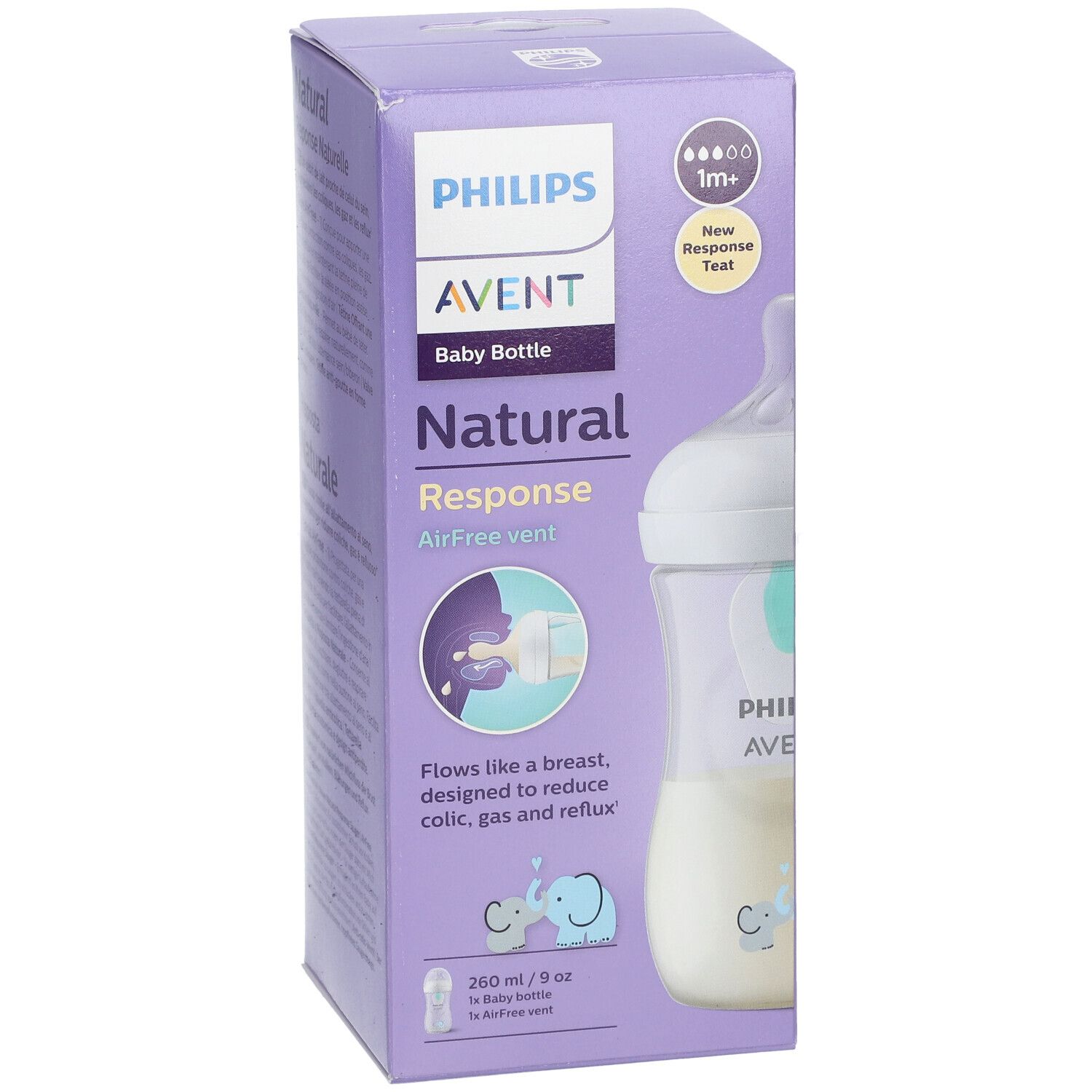 PHILIPS Avent Baby Bottle. Biberon con valvola AirFree. Scritte: Natural, Response, 1m+.