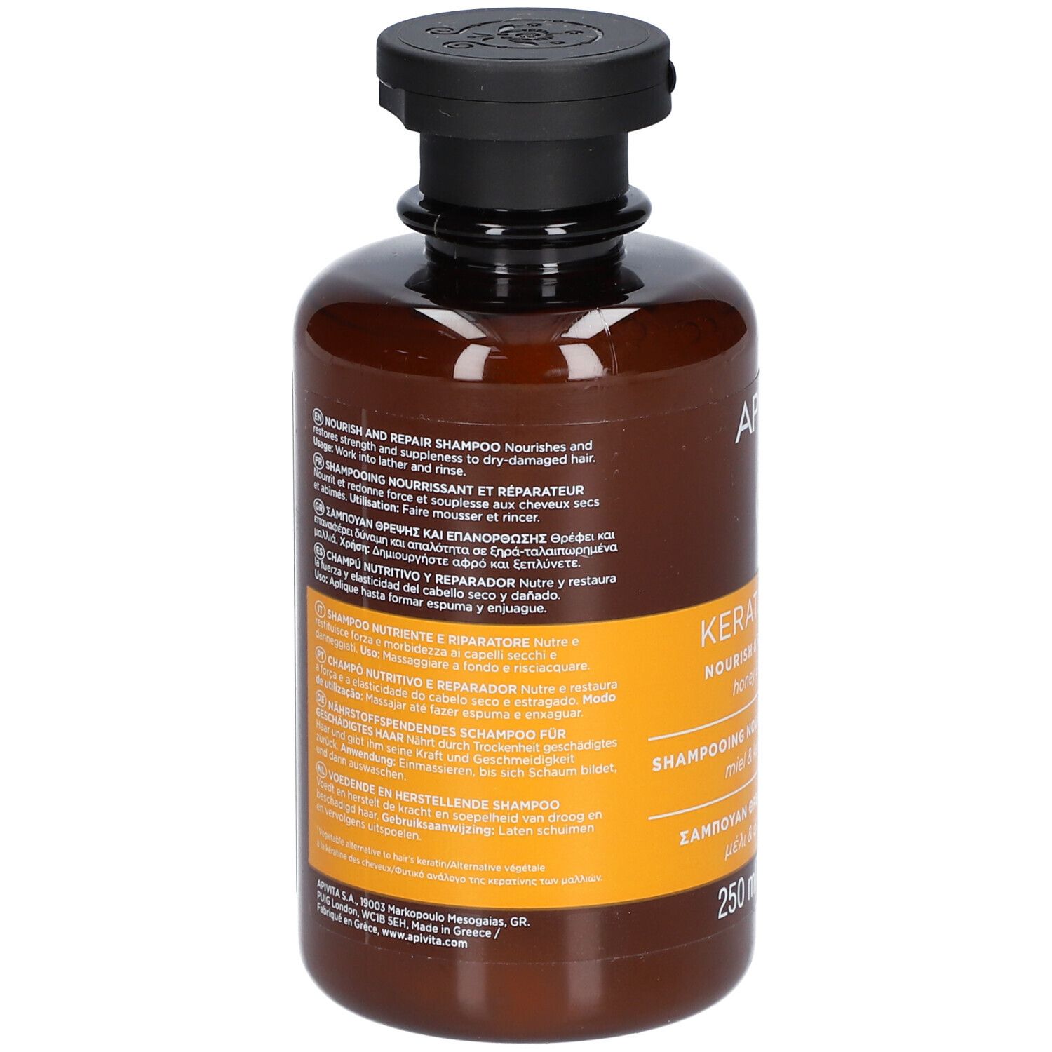 Retro del flacone marrone con testo. Etichetta gialla con informazioni sul prodotto.