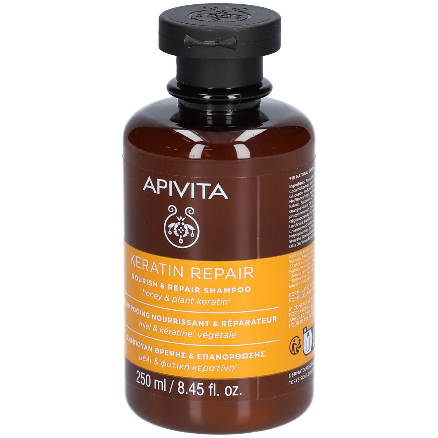 Flacone marrone con tappo nero. Etichetta con nome e testo del prodotto. 250 ml.