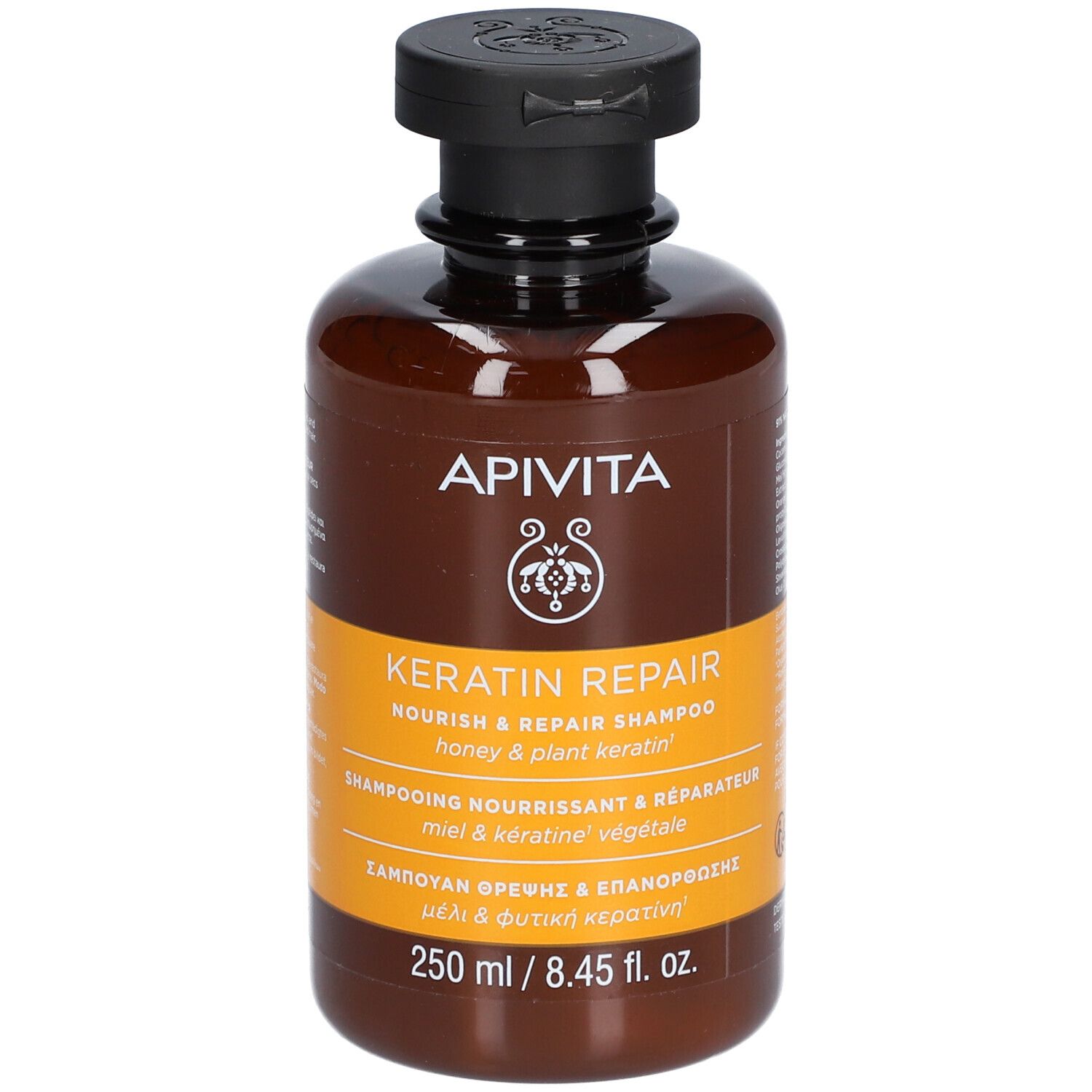 Flacone marrone con tappo nero. Etichetta con nome e testo del prodotto. 250 ml.