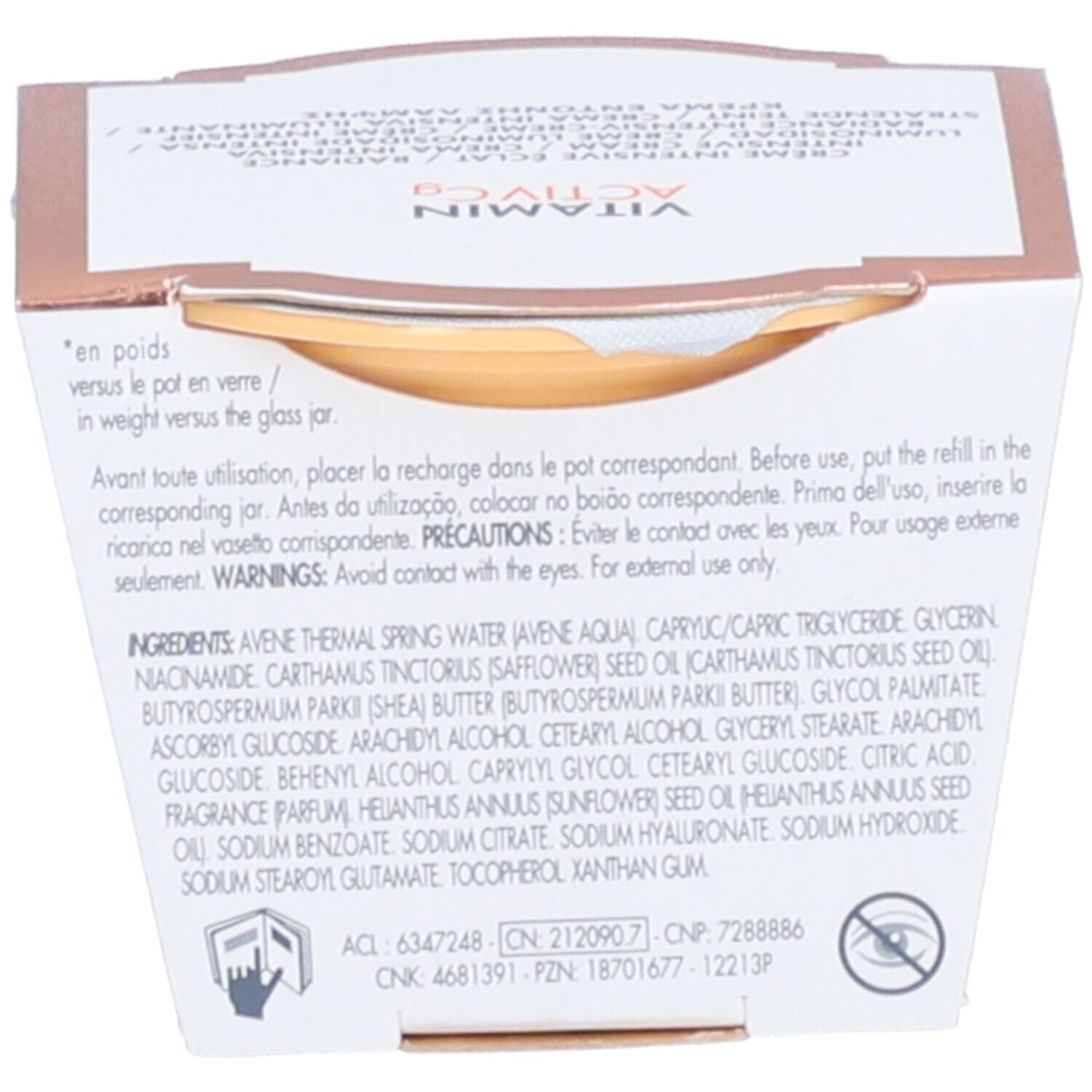 Retro della confezione in cartone. Testo: ingredienti, precauzioni, informazioni produttore.