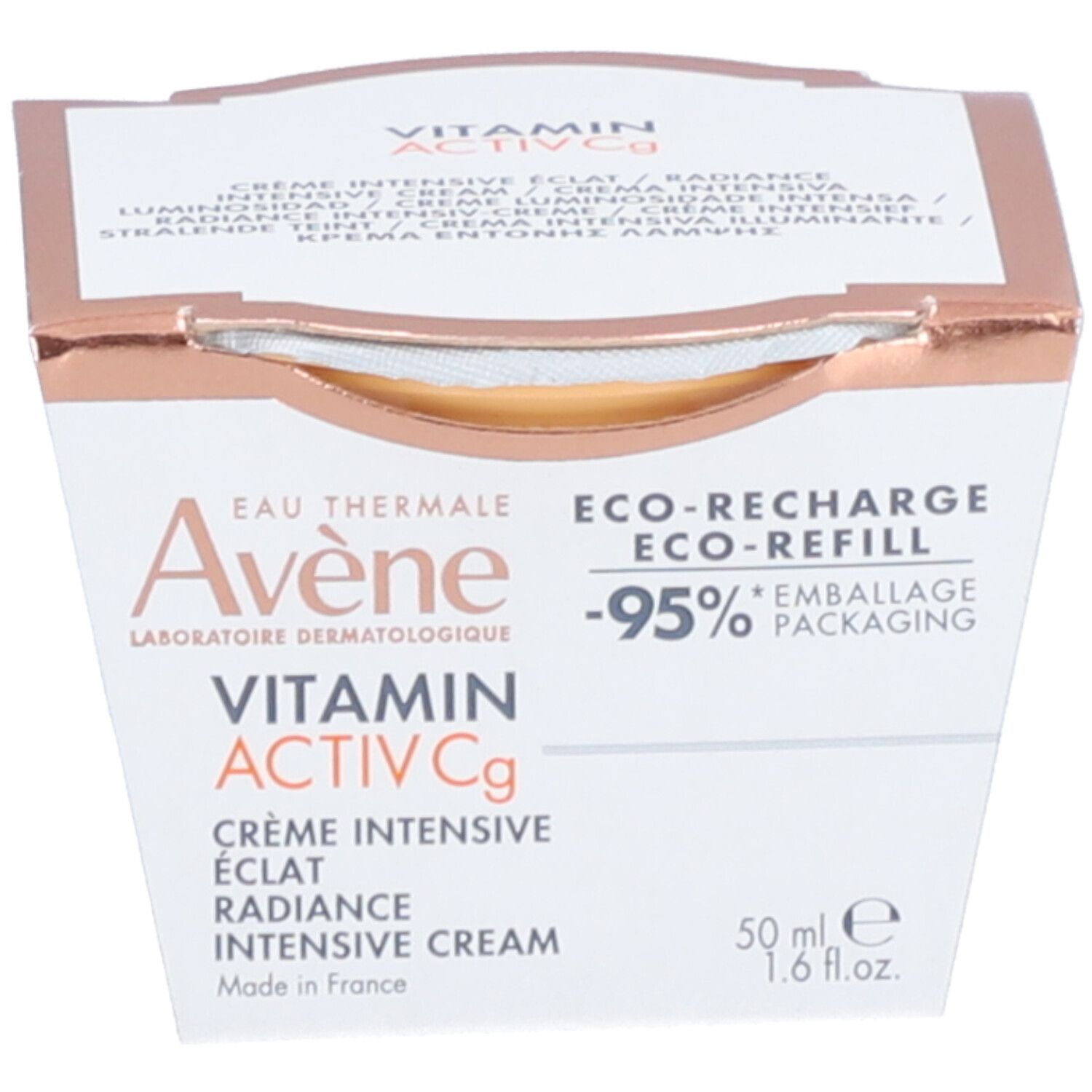 Vasetto di crema in confezione di cartone. Scritte: Avène, Vitamin Activ Cg, Eco-Recharge, 50 ml.