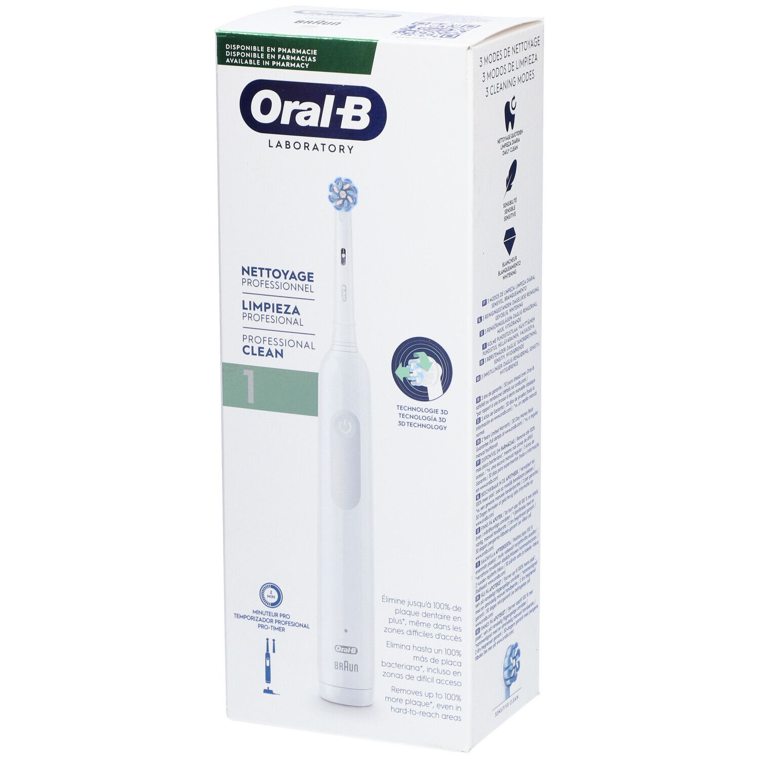 Spazzolino elettrico in confezione. Corpo bianco, testina blu. Testo: Oral-B, Professional Clean 1, pulizia.