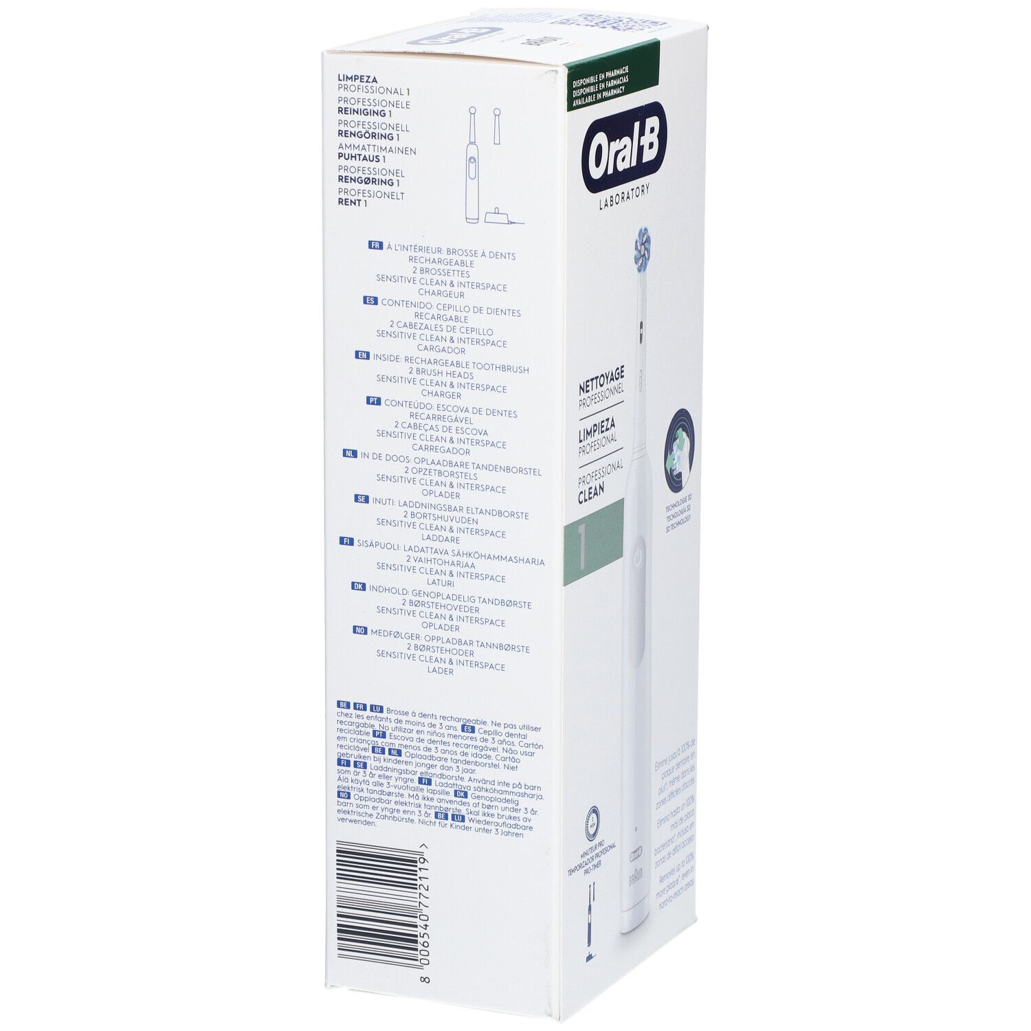 Confezione dello spazzolino elettrico. Testo: Oral-B, Professional Clean 1. Illustrazioni: spazzolino, accessori.