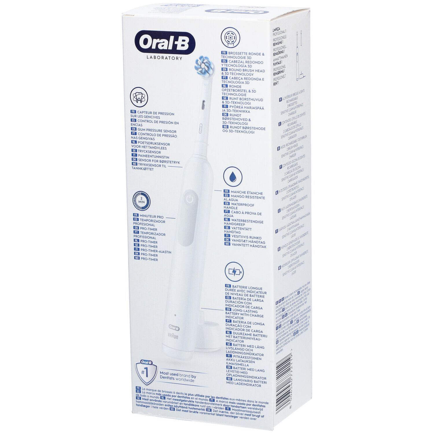 Retro della confezione. Testo: Oral-B, Professional Clean 1. Illustrazioni: spazzolino, funzione di ricarica, sensore di pressione.