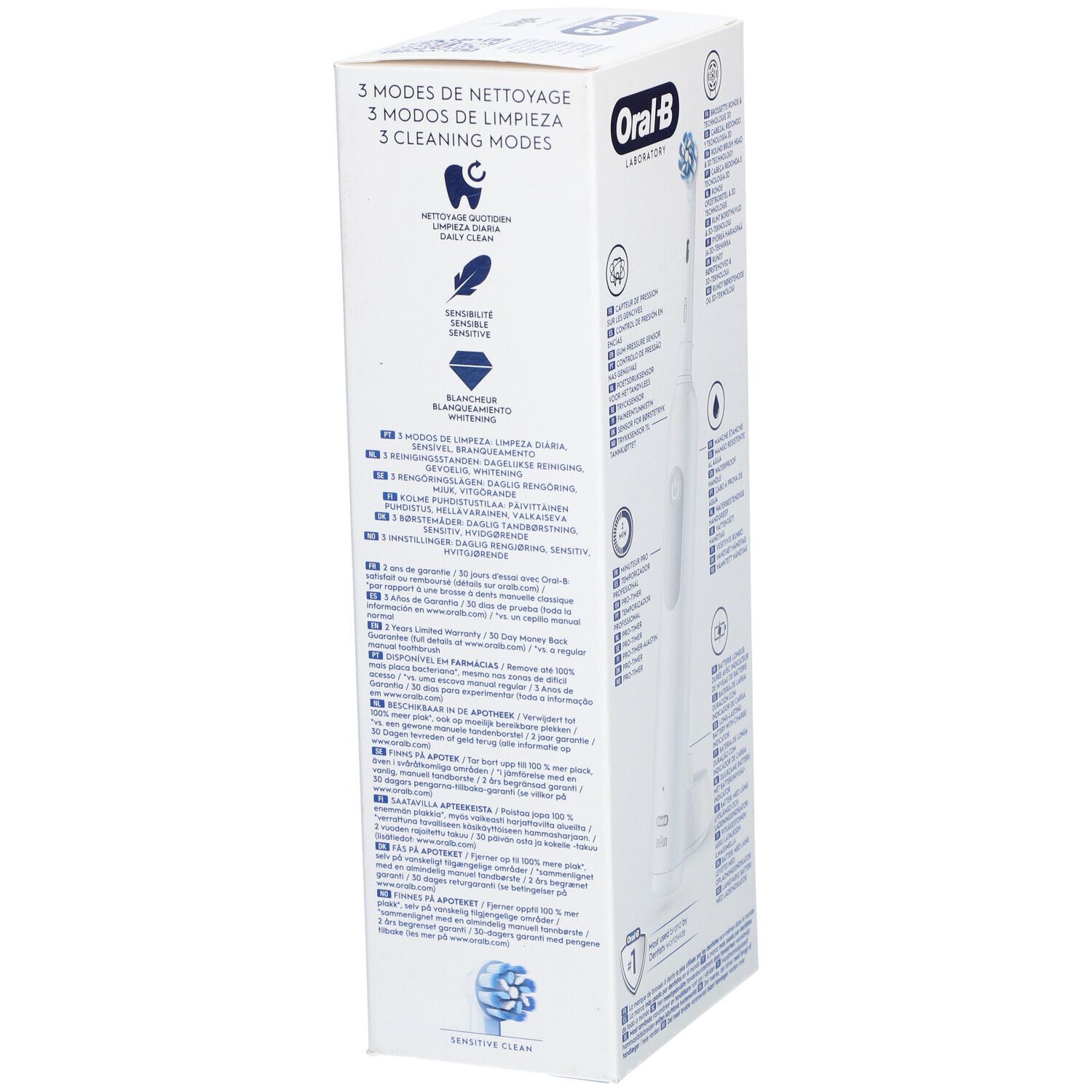 Confezione, vista dettagliata. Testo: Oral-B, Professional Clean 1. Illustrazioni: modalità di pulizia, sbiancamento, sensibilità.