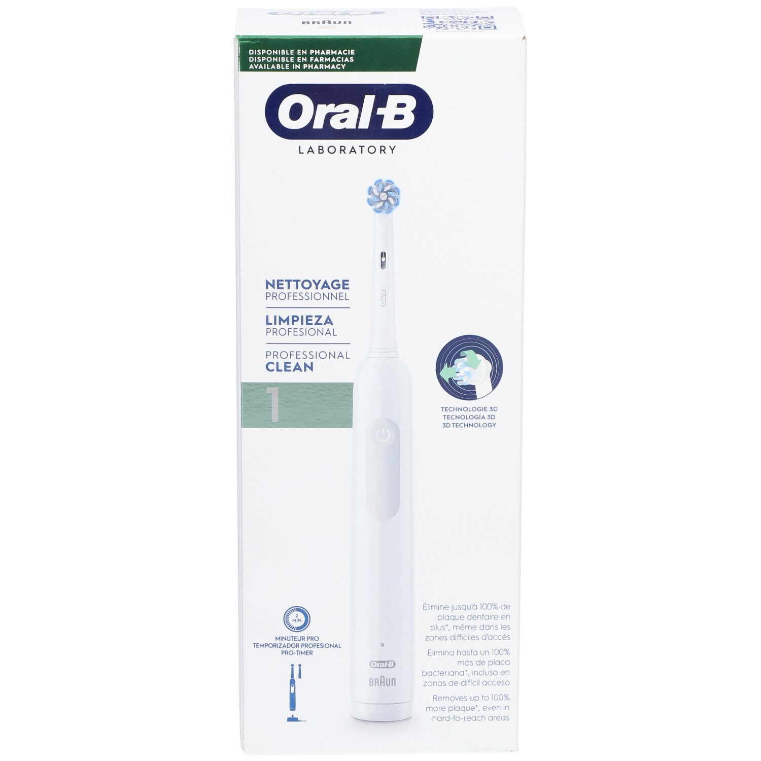 Spazzolino elettrico in confezione. Corpo bianco, testina blu. Testo: Oral-B, Professional Clean 1.