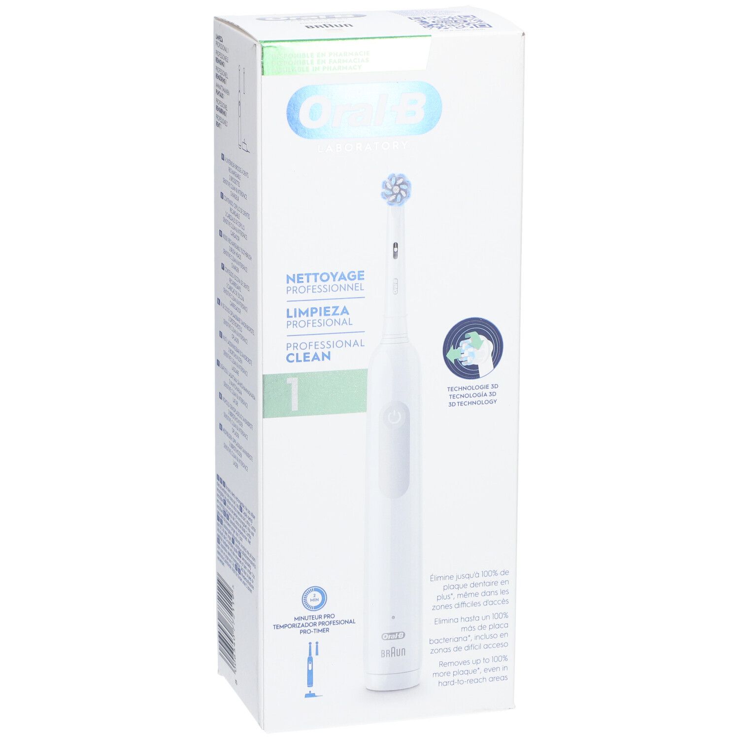 Spazzolino elettrico in confezione. Corpo bianco, testina blu. Testo: Oral-B, Professional Clean 1.