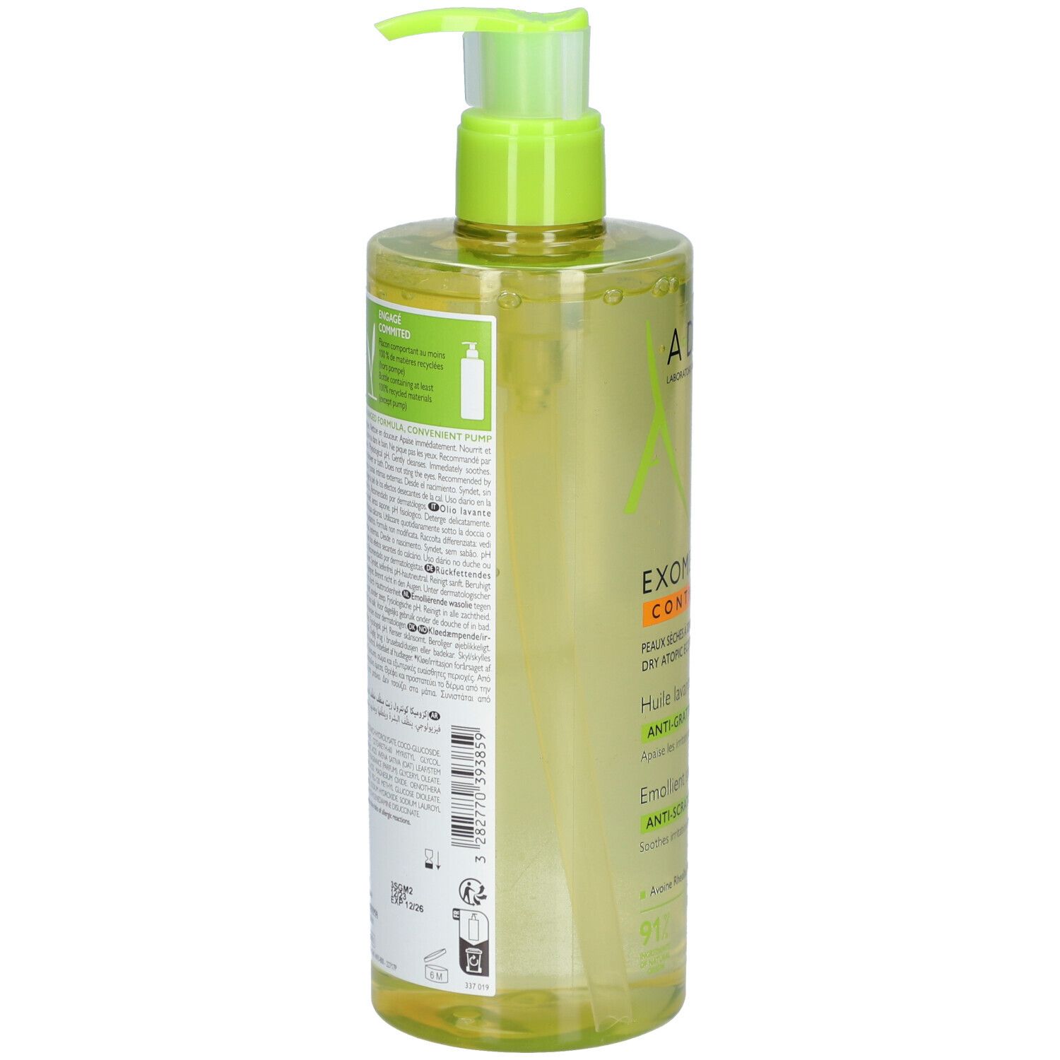 Liquido limpido in flacone trasparente con erogatore a pompa verde. Etichetta con testo e simboli.