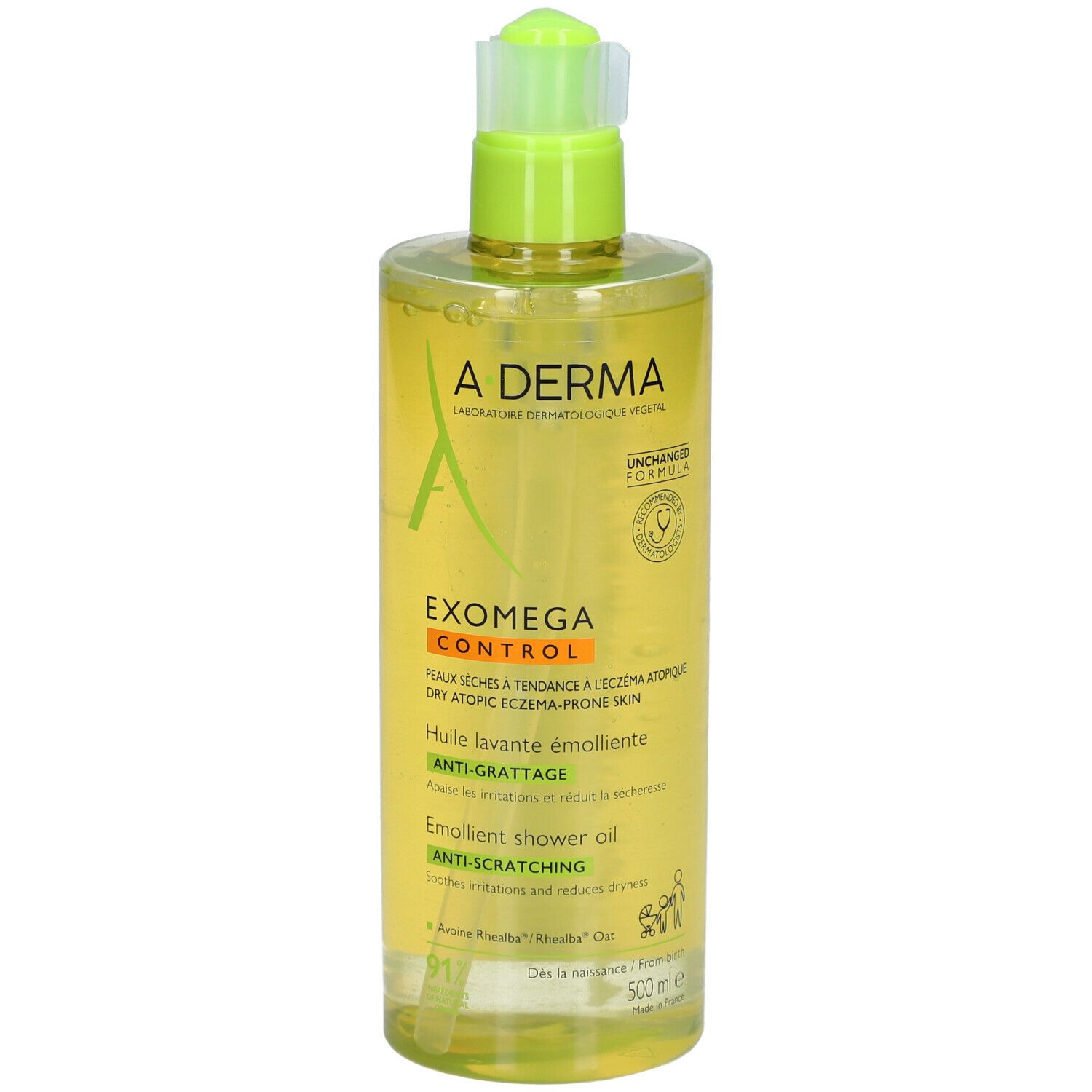 Olio doccia emolliente A-Derma Exomega Control in flacone trasparente con dispenser a pompa. Liquido giallo.