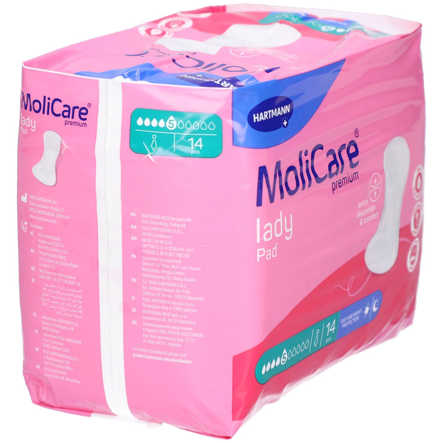 Confezione MoliCare Lady Pad. Confezione rosa con immagine del prodotto e logo. 14 pezzi, 5 gocce. Logo Hartmann.