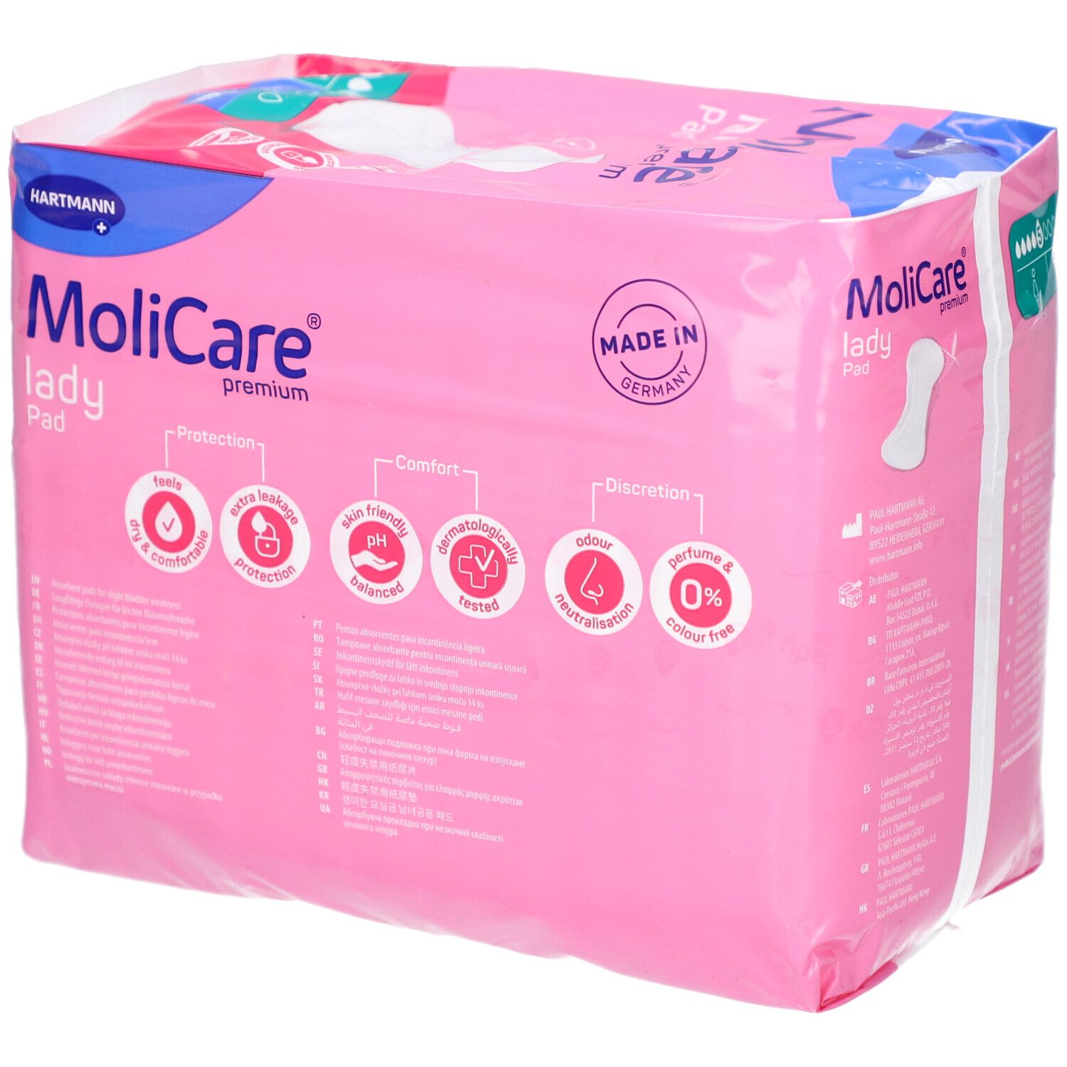 Confezione MoliCare Lady Pad. Confezione rosa con immagine del prodotto e logo. 14 pezzi, 5 gocce. Logo Hartmann.