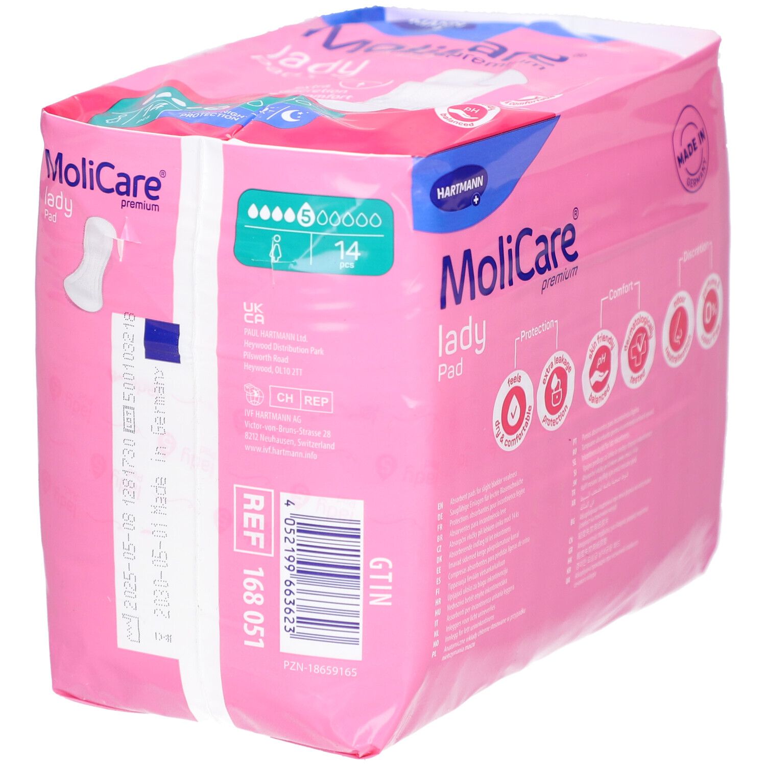 Confezione MoliCare Lady Pad. Confezione rosa con immagine del prodotto e logo. 14 pezzi, 5 gocce. Logo Hartmann.