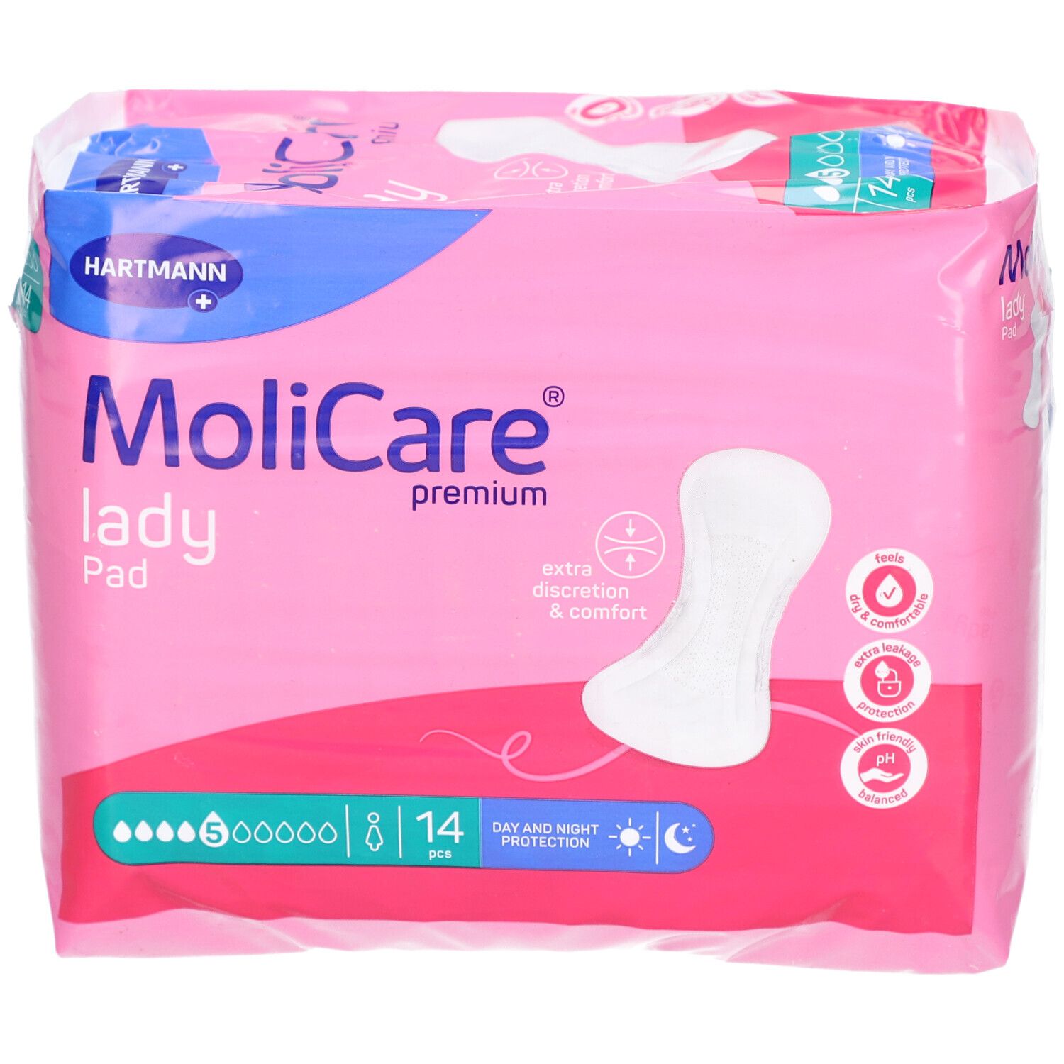 Confezione MoliCare Lady Pad. Confezione rosa con immagine del prodotto e logo. 14 pezzi, 5 gocce. Logo Hartmann.