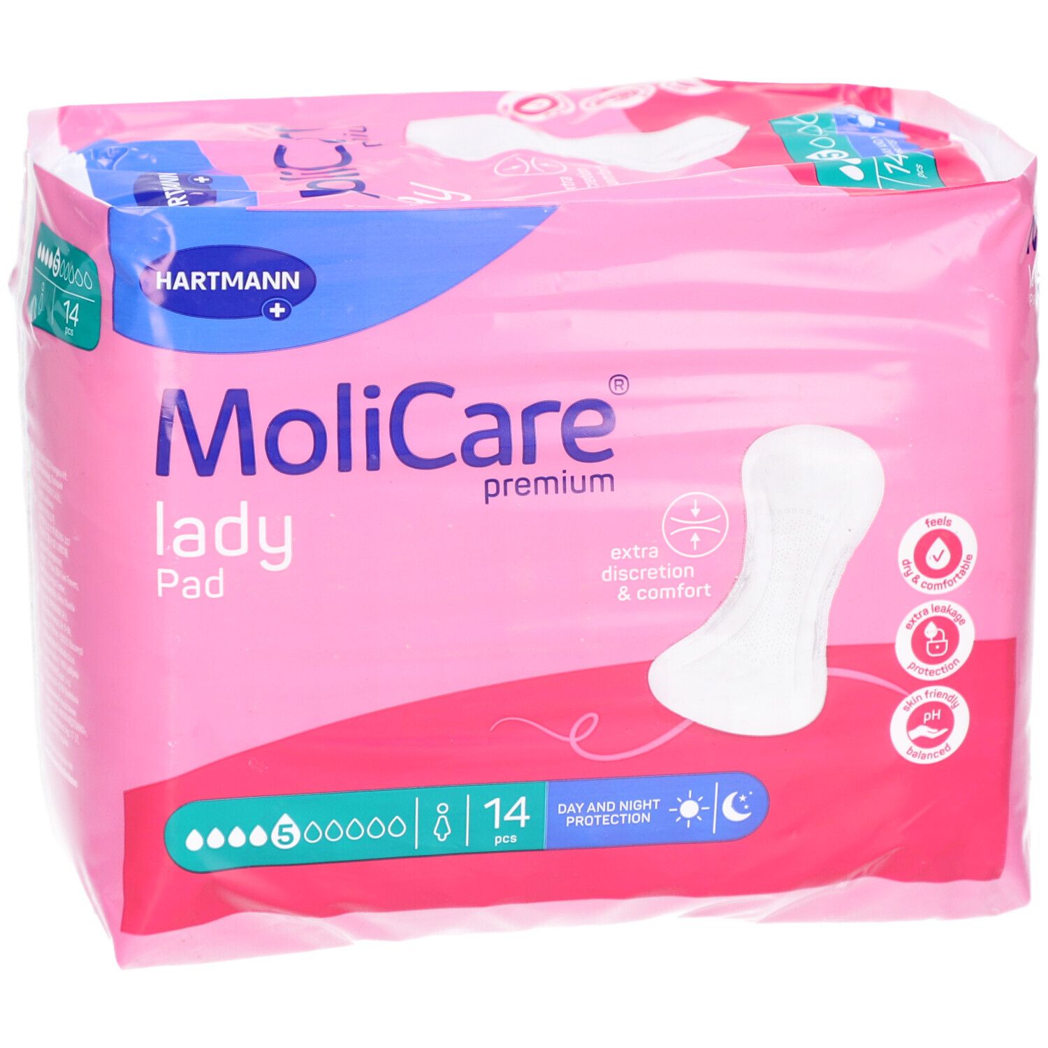 Confezione MoliCare Lady Pad. Confezione rosa con immagine del prodotto e logo. 14 pezzi, 5 gocce. Logo Hartmann.