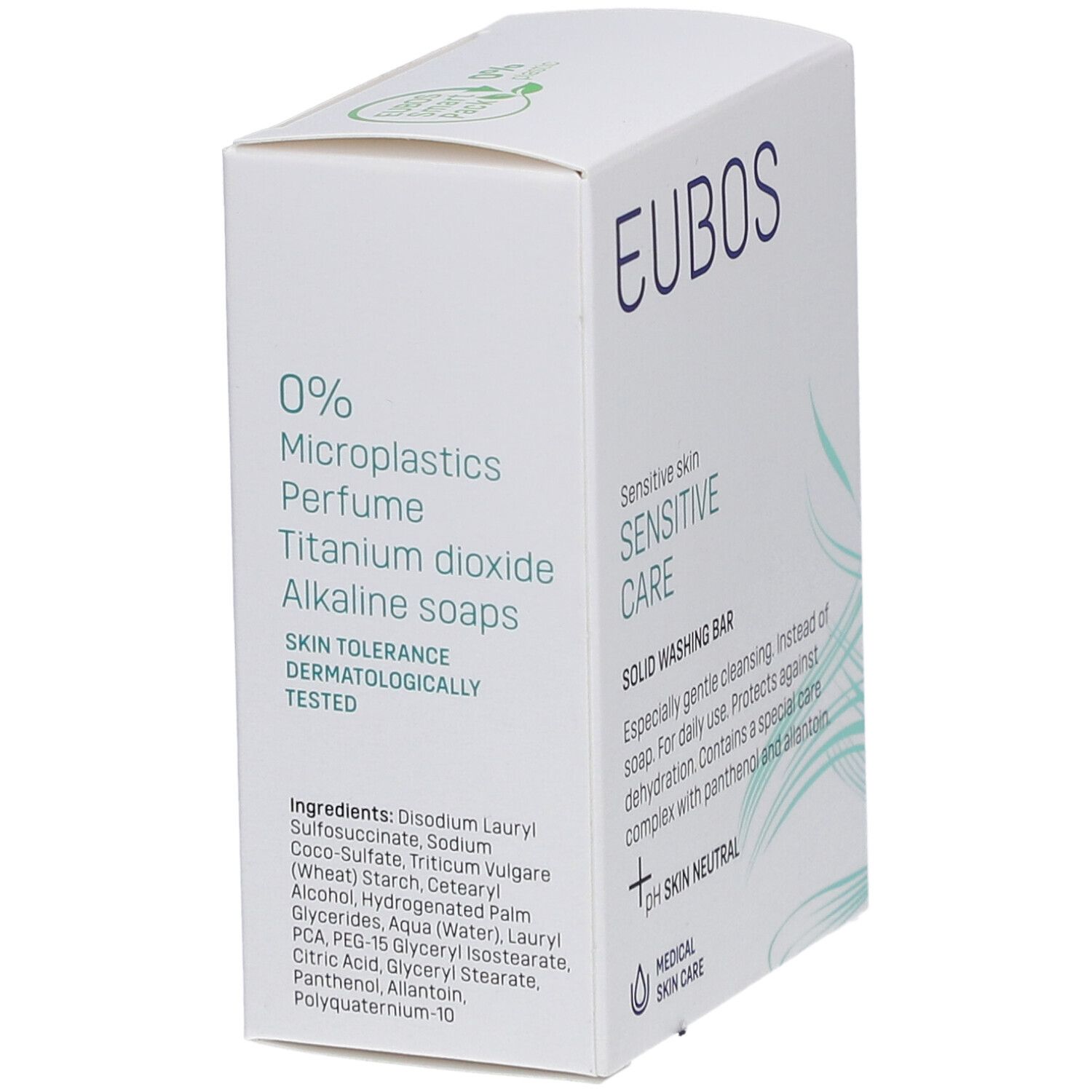 Confezione Eubos bianca, dettagli blu e verdi. 0% microplastiche, dermatologicamente testato. Ingredienti.
