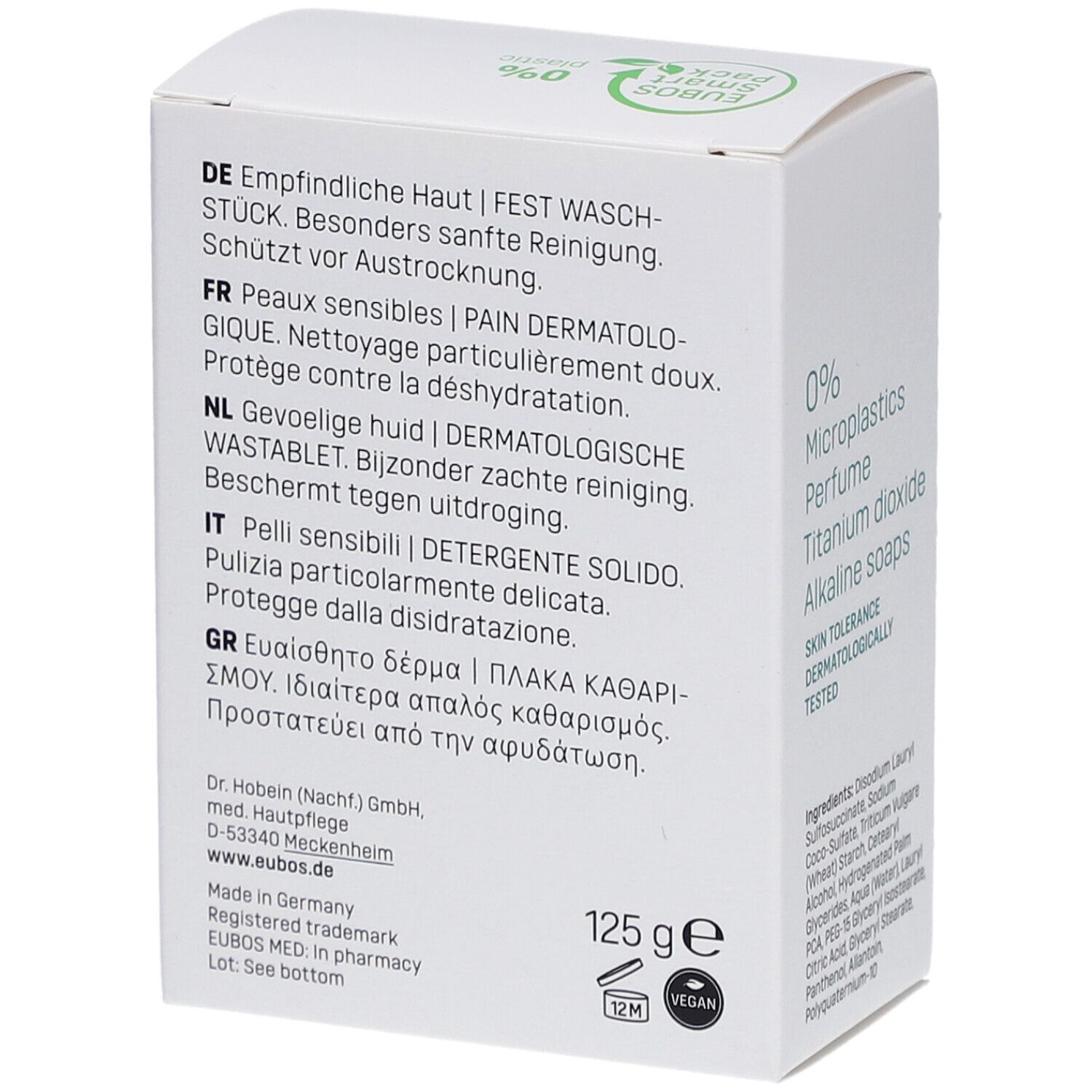 Confezione Eubos bianca, testo multilingue. 125g. Marchi vegano e ambientale.